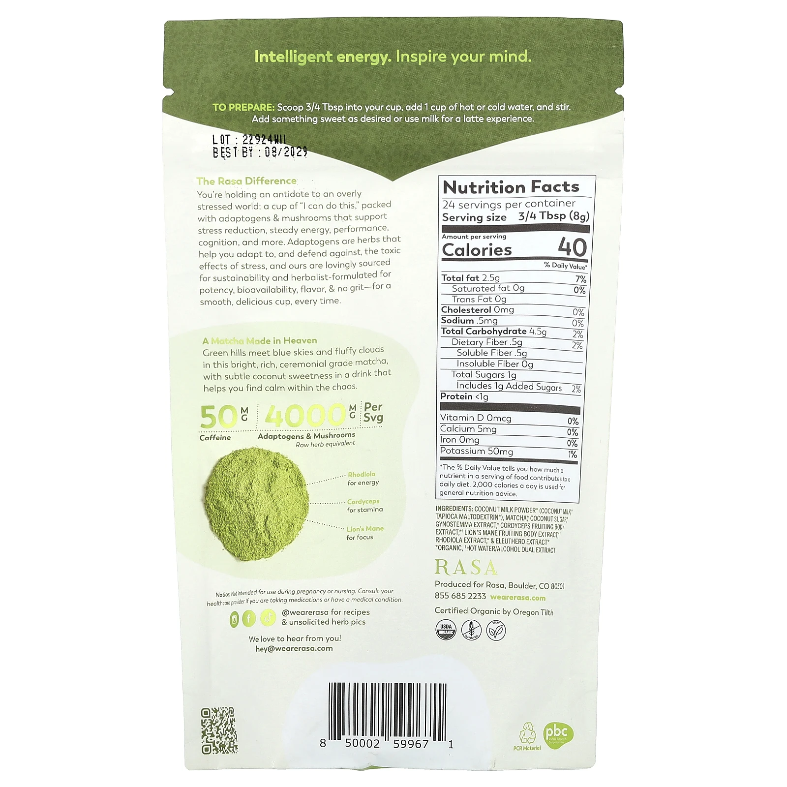 Rasa, Матча с адаптогенами и грибами, растворимый, со вкусом матча, 192 г (6,77 унции)