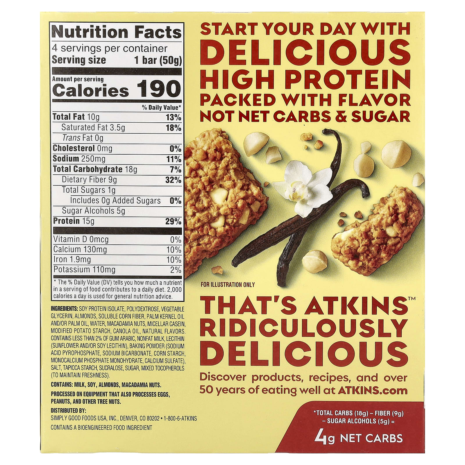 Atkins, запеченный протеиновый батончик, ваниль и орех макадамия, 4 батончика по 50 г (1,76 унции)