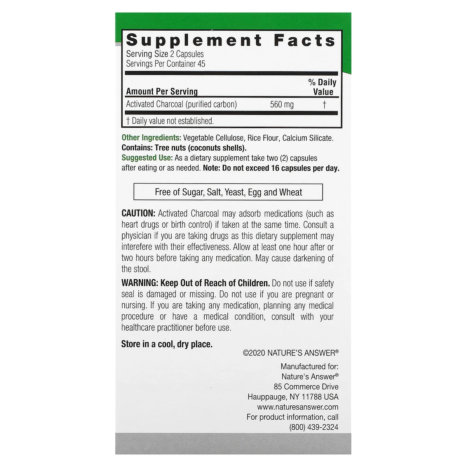 Nature's Answer, древесный уголь, 560 мг, 90 вегетарианских капсул (280 мг в 1 капсуле)