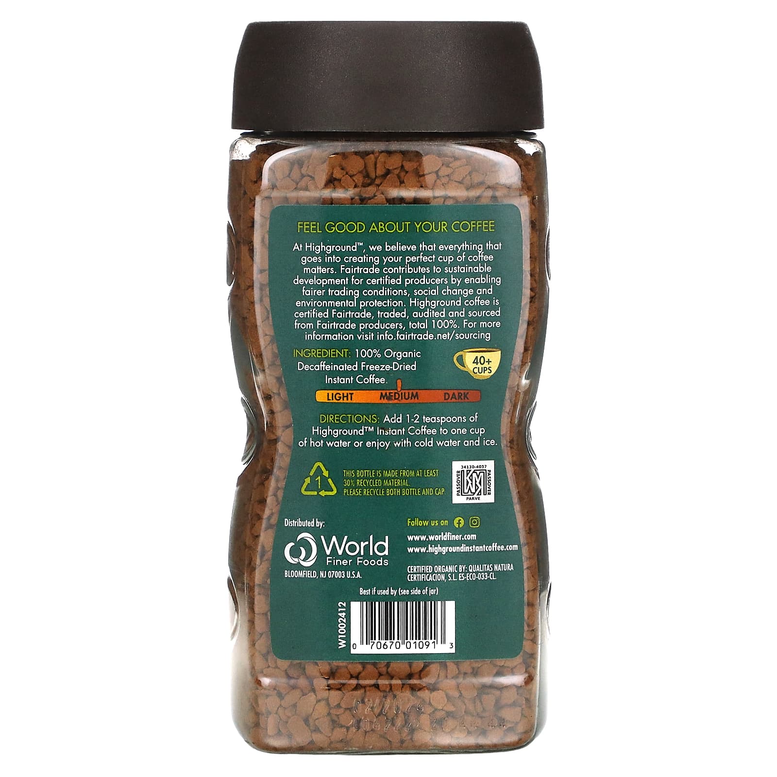 Highground Coffee, органический растворимый кофе, средняя обжарка, без кофеина, 100 г (3,53 унции)