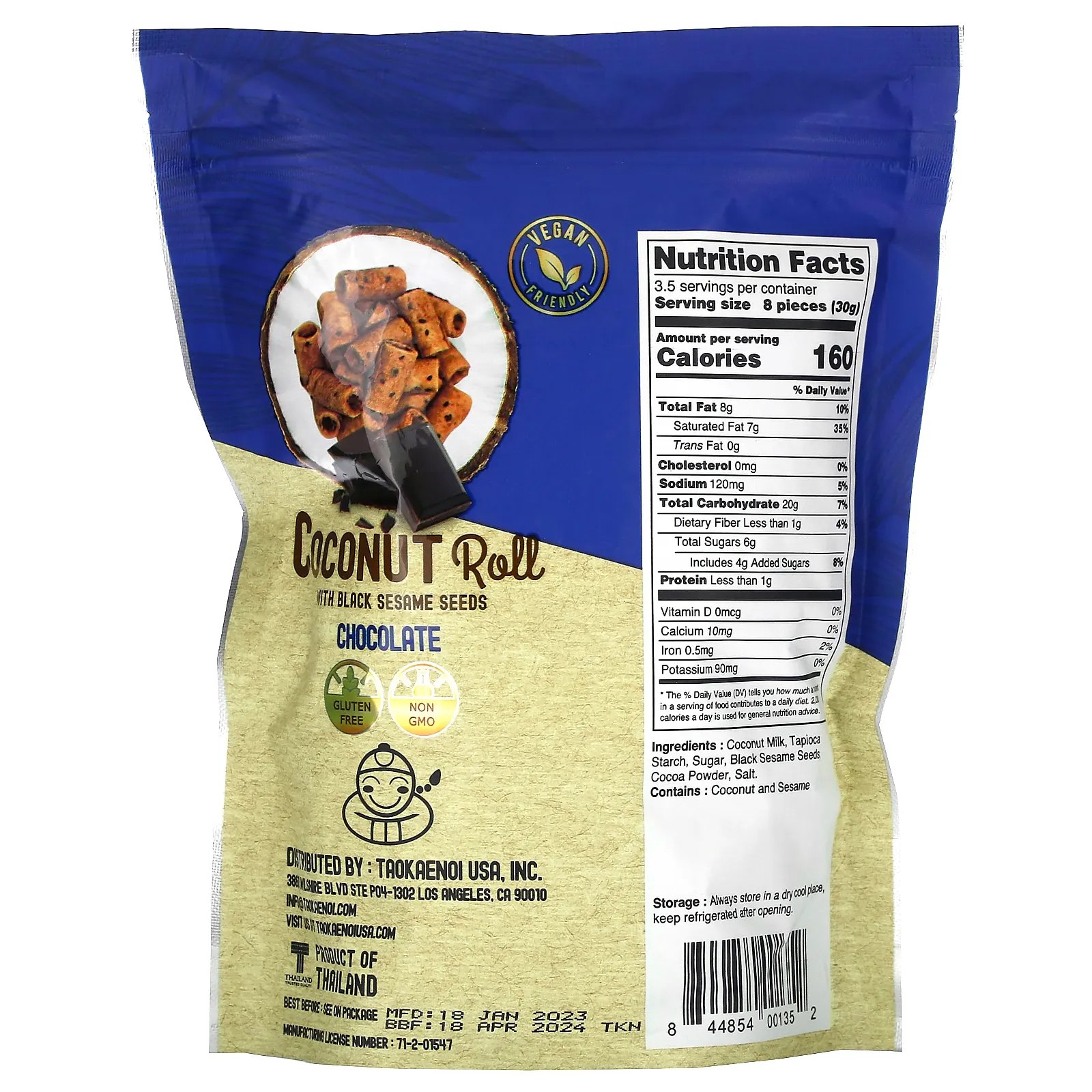 Tao Kae Noi, Кокосовый рулет с семенами черного кунжута, шоколад, 100 г (3,53 унции)