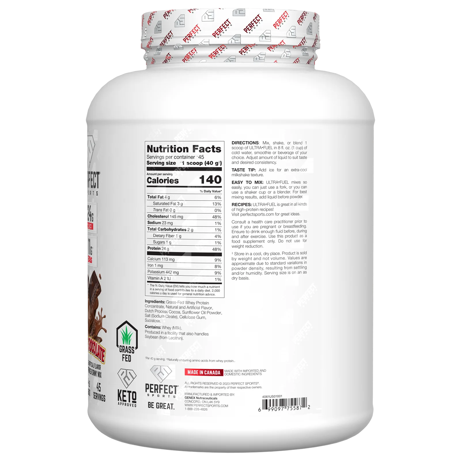 Perfect Sports, Ultra Fuel, сывороточный протеин от травяного откорма, тройной шоколад, 1,82 кг (4 фунта)