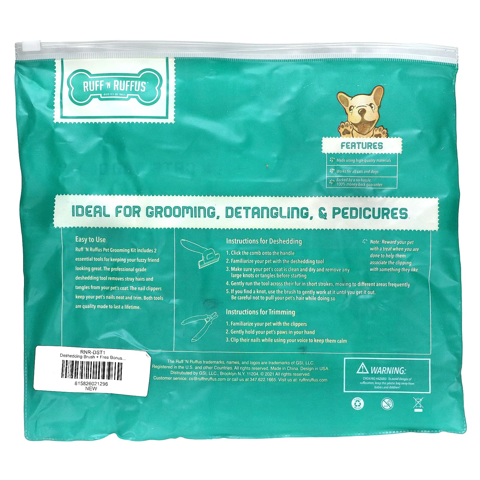 Ruff 'N Ruffus, Набор для ухода за кошками и собаками, щетка для расчесывания волос и кусачки для ногтей, цвет морской волны, 1 щетка для расчесывания, 1 кусачка для ногтей
