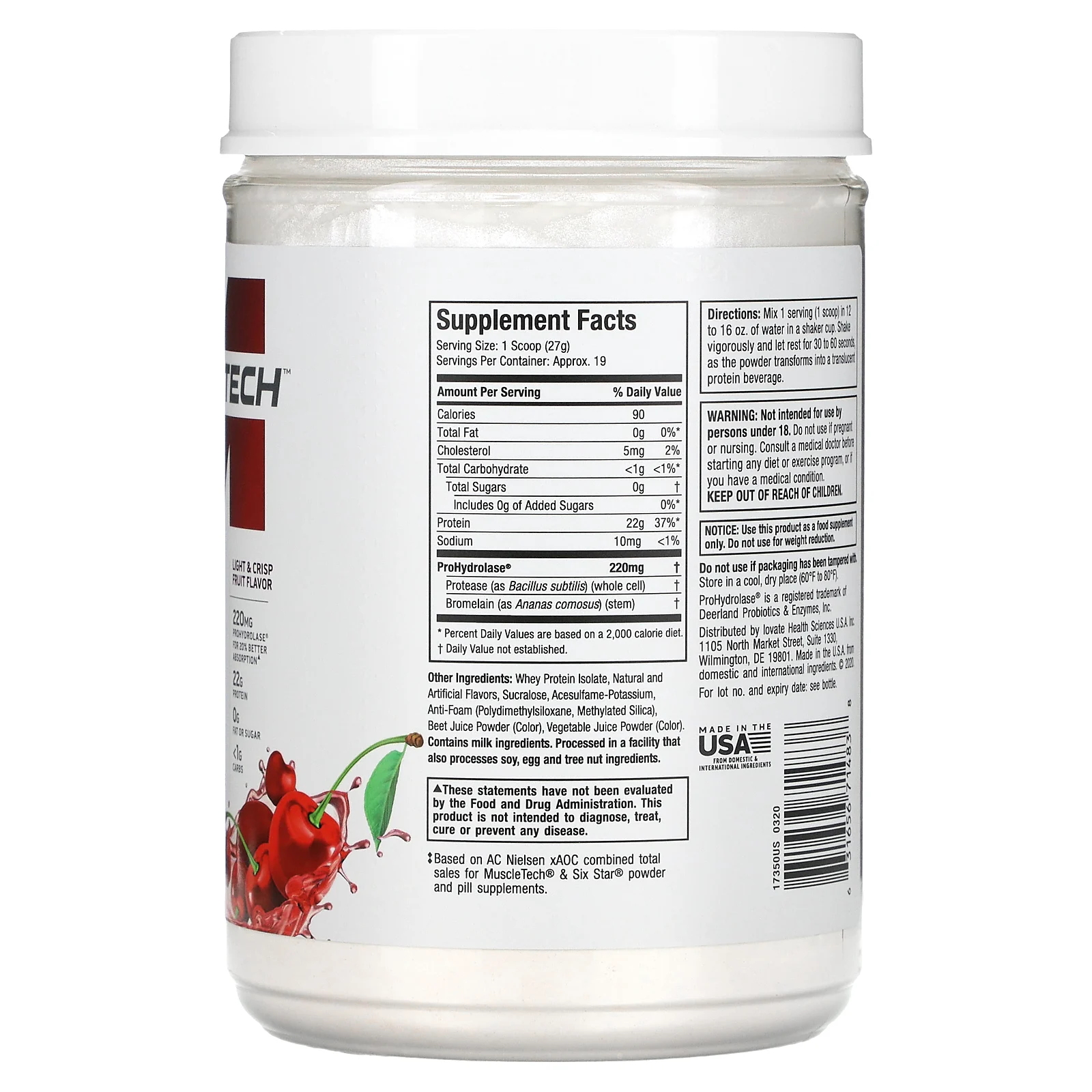MuscleTech, ISO Whey Clear, сверхчистый изолят протеина, Arctic Cherry Blast, 503 г (1,10 фунта)