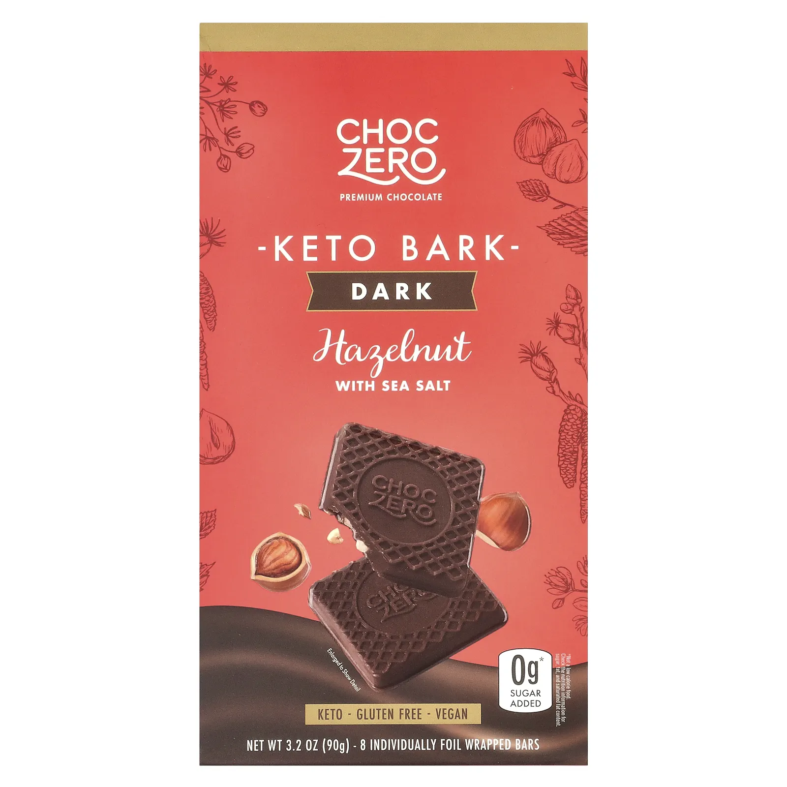 ChocZero, Keto Bark, темный шоколад, фундук с морской солью, 8 батончиков, 90 г (3,2 унции)