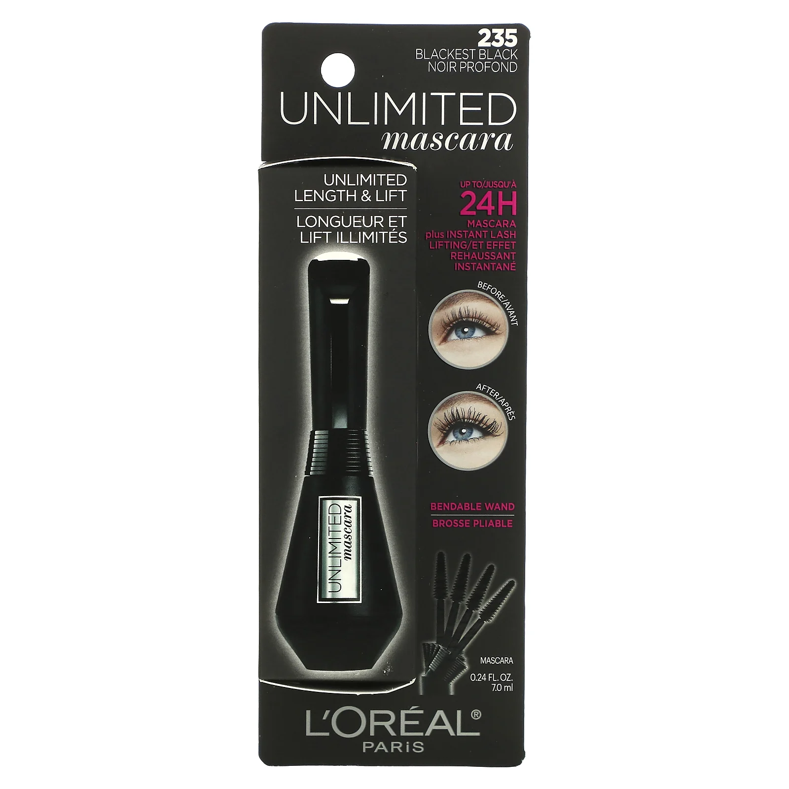 L'Oréal, Тушь Unlimited для удлинения и подъема ресниц, оттенок 235 угольно-черный, 7 мл
