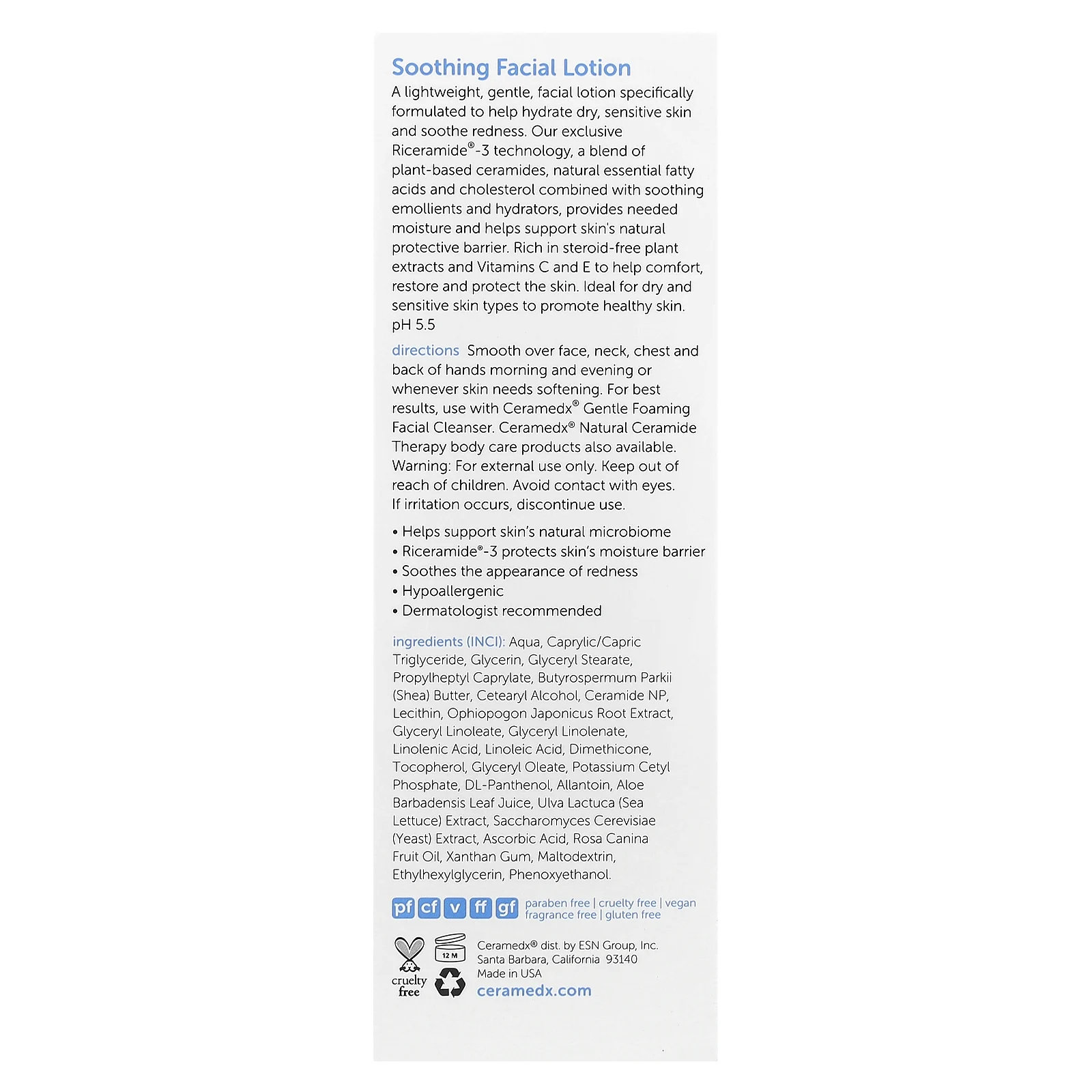 Ceramedx, успокаивающий лосьон для лица, без отдушек, 118 мл (4 жидк. унций)