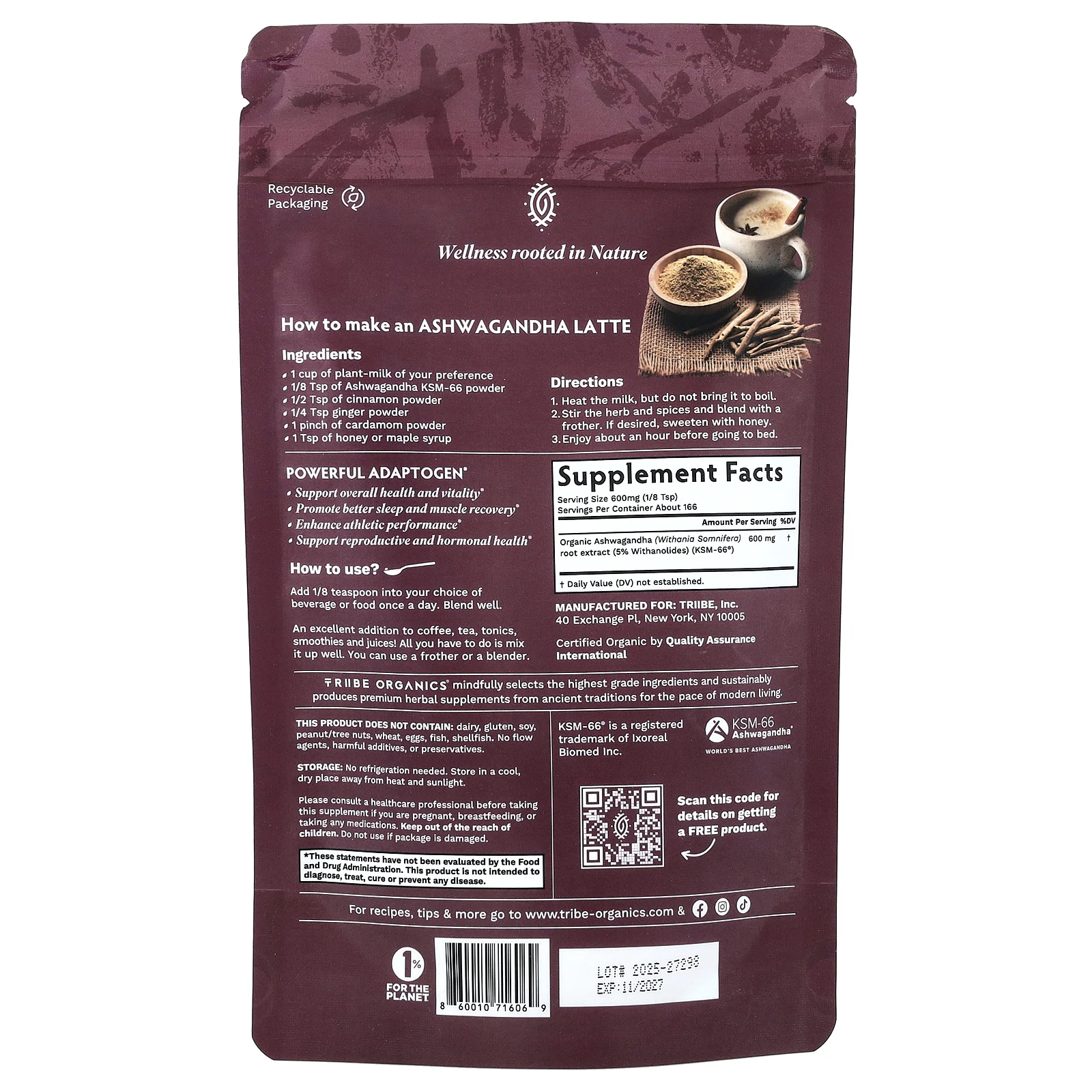 Tribe Organics, Ашваганда KSM-66®, порошок, 100 г (3,5 унции)