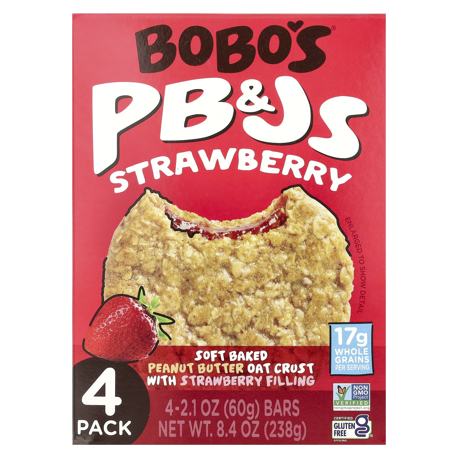Bobo's Oat Bars, PB & Js, клубника, 4 упаковки по 60 г (2,1 унции)