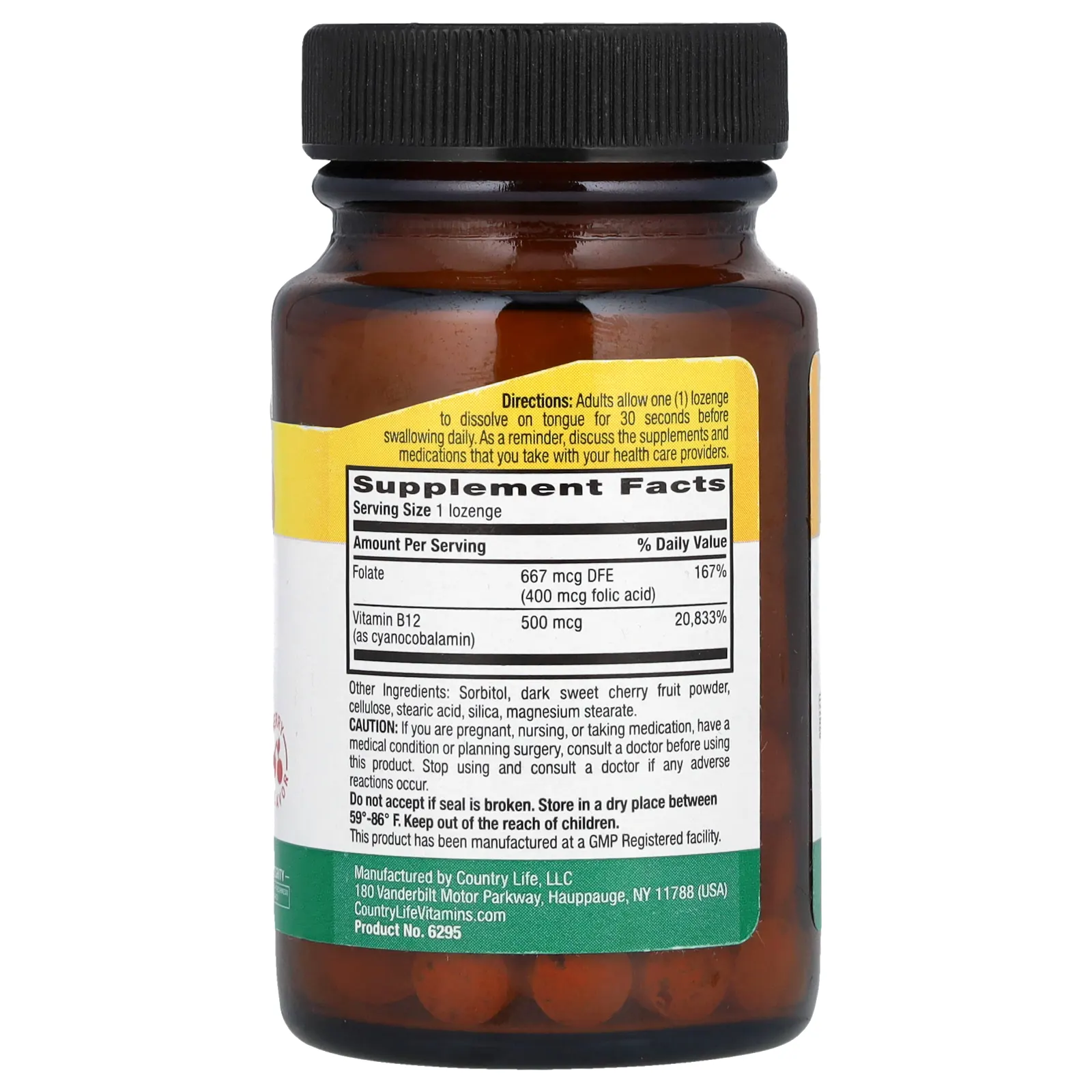 Country Life, Витамин B12 с фолатом, вишня, 100 пастилок