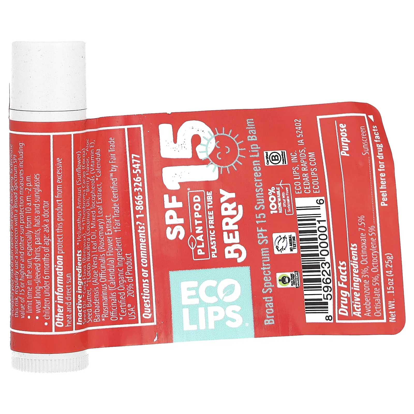 Eco Lips, солнцезащитный бальзам для губ, SPF 15, ягодный вкус, 4,25 г (0,15 унции)