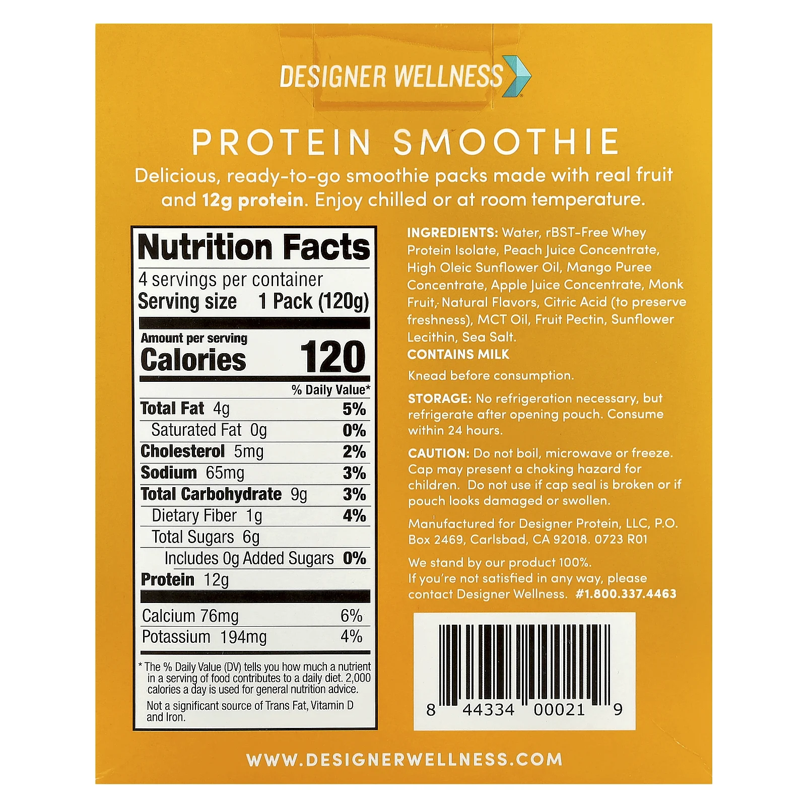 Designer Wellness, Протеиновый смузи, персик и манго, 4 упаковки по 120 г (4,2 унции)