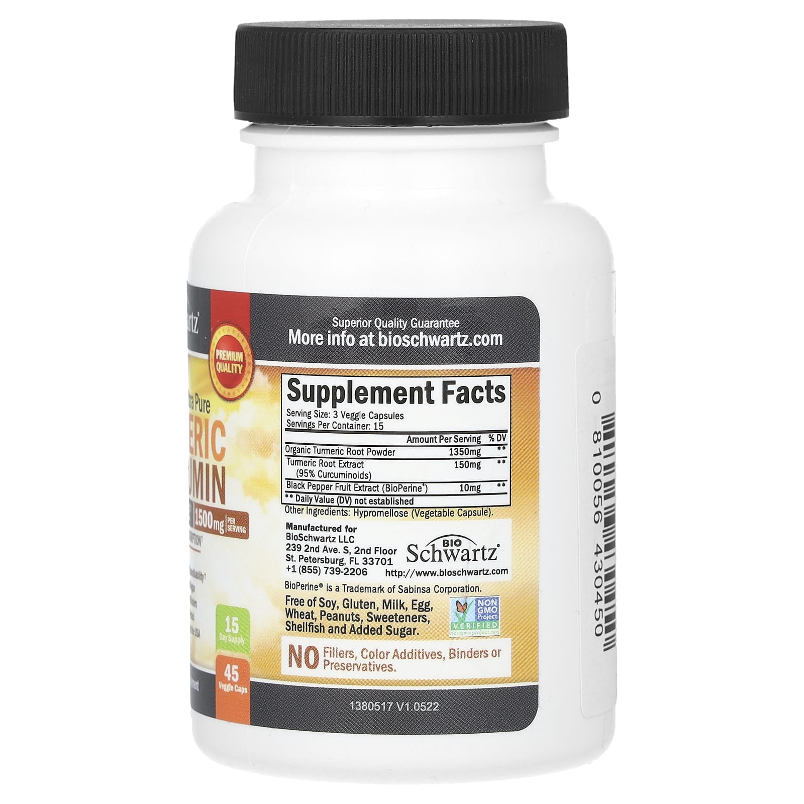 BioSchwartz, куркумин с экстрактом черного перца, 1500 мг, 45 вегетарианских капсул (500 мг в 1 капсуле)