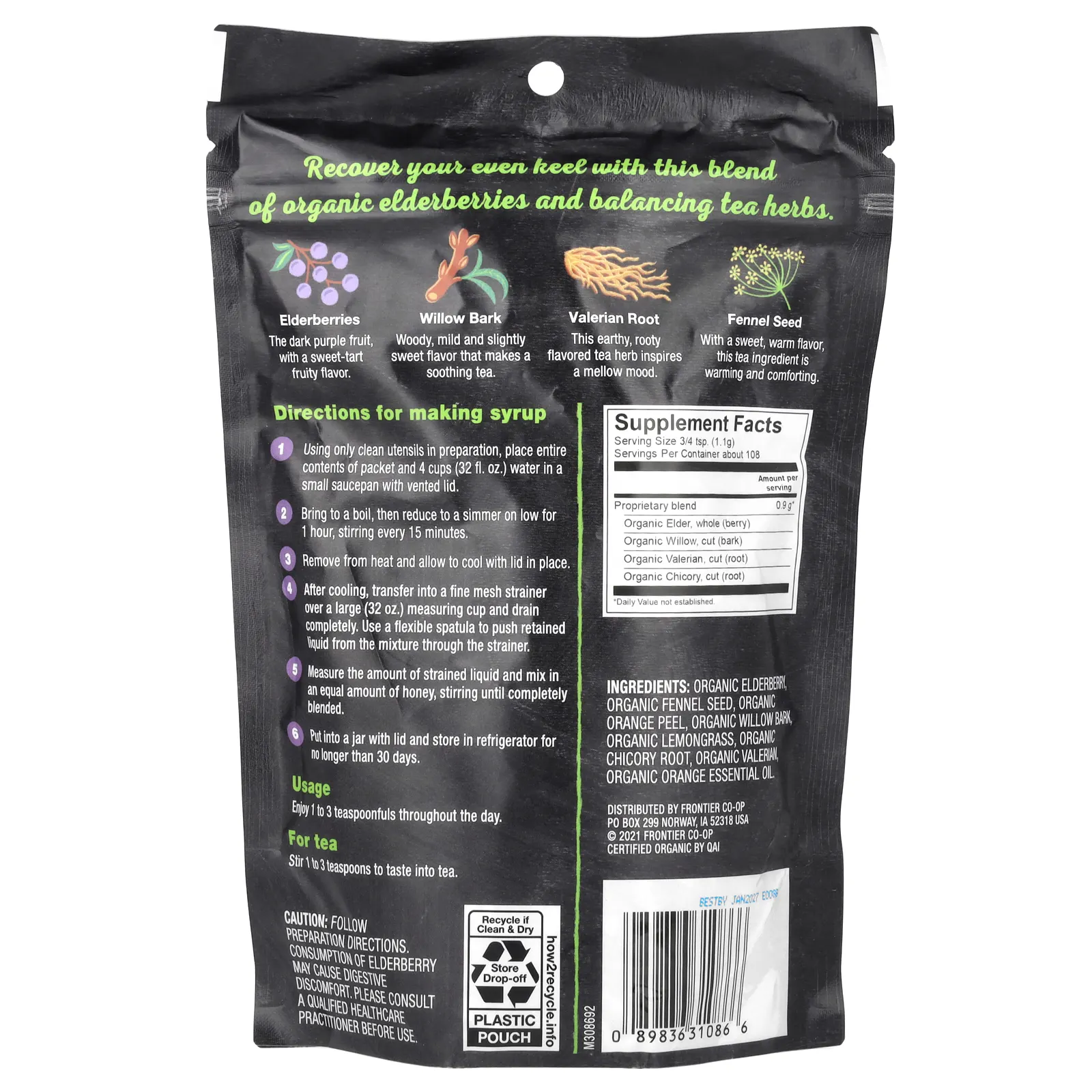 Frontier Co-op, Органическая бузина и смесь трав для сиропа, 120 г (4,23 унции)