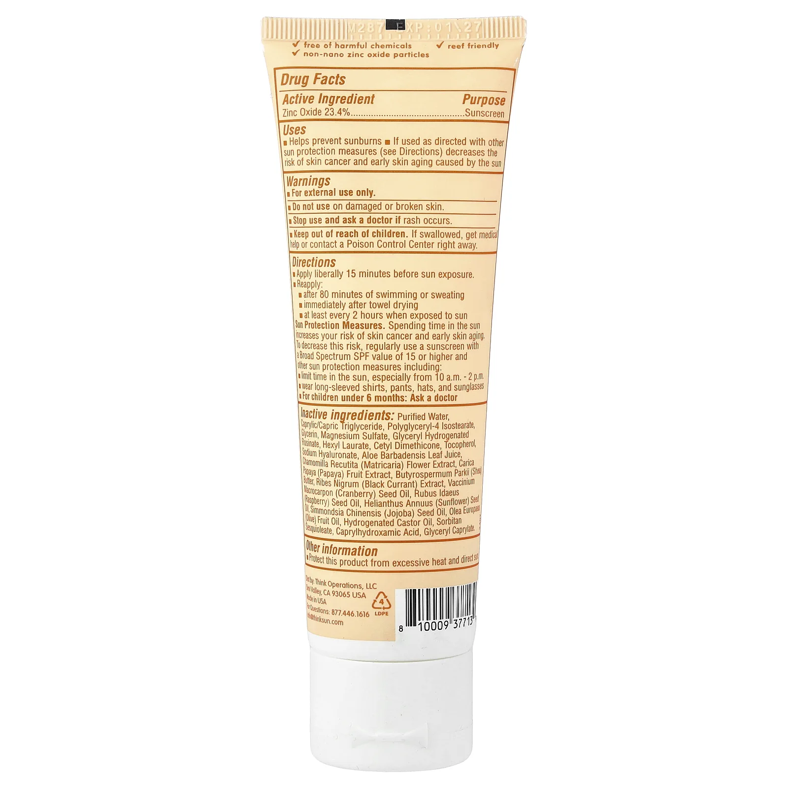 think, Think Baby®, прозрачный солнцезащитный крем с оксидом цинка, для чувствительной кожи, SPF 50, без отдушек, 89 мл (3 жидк. унции)