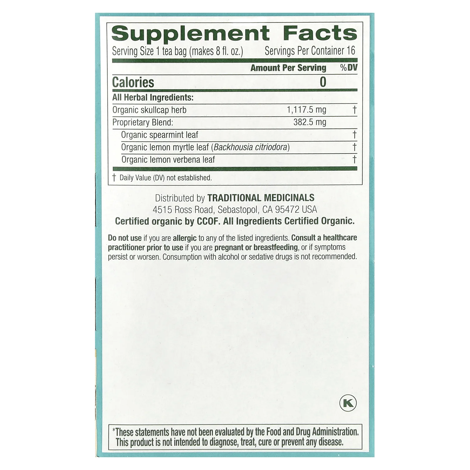 Traditional Medicinals, Organic Stress Ease®, средство для снятия напряжения, лимонная вербена и мята, без кофеина, 16 чайных пакетиков в упаковке, 24 г (0,85 унции)