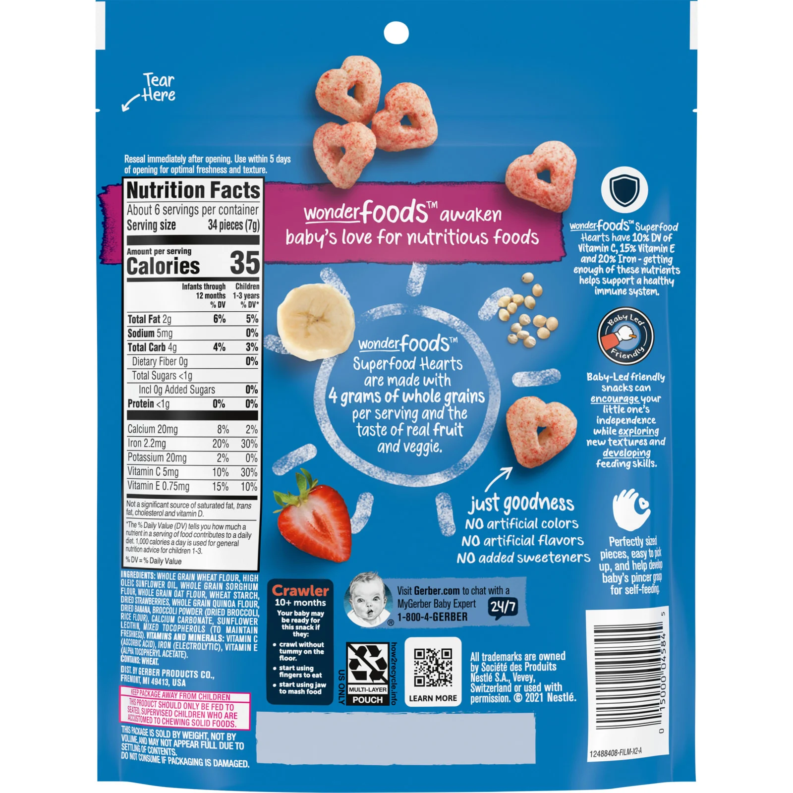 Gerber, Snacks for Baby, Wonder Foods, воздушные закуски из нескольких злаков, Superfood Hearts, от 10 месяцев, киноа, клубника, банан, брокколи, 42 г (1,48 унции)