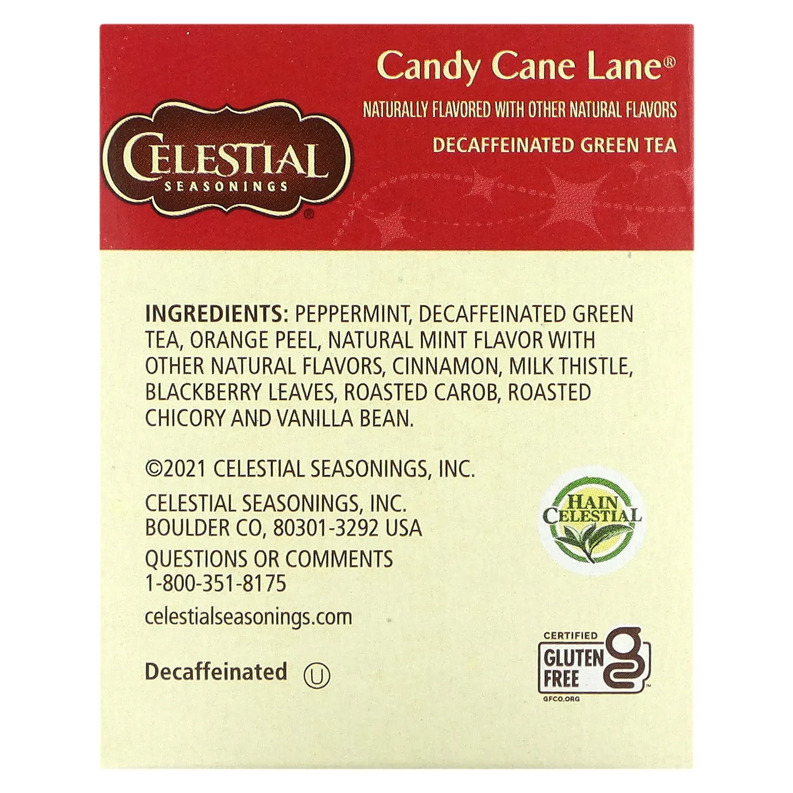 Celestial Seasonings, Праздничный зеленый чай, Candy Cane Lane, без кофеина, 18 чайных пакетиков, 35 г (1,2 унции)