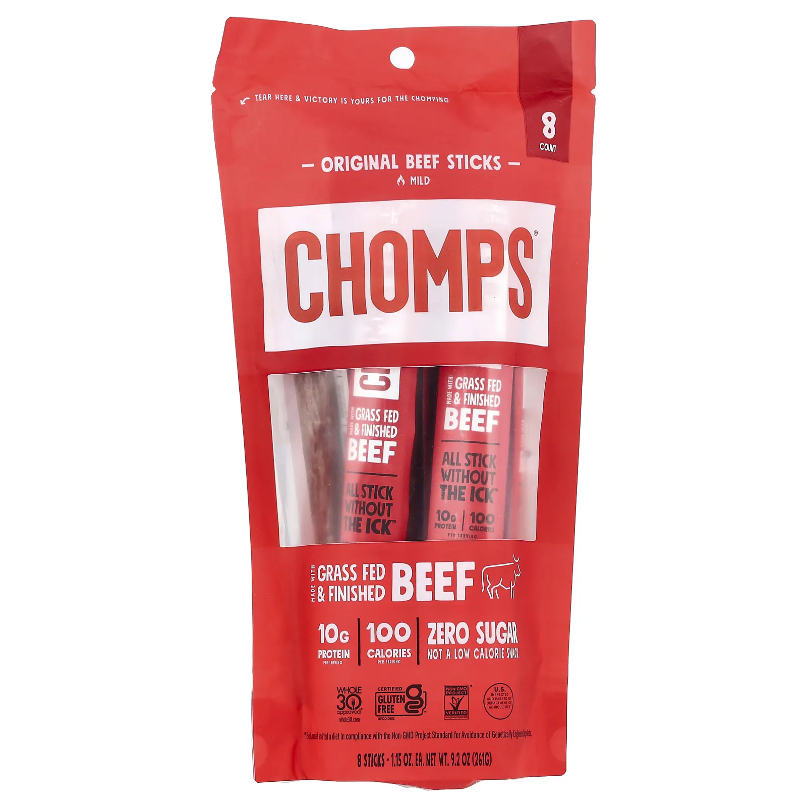 Chomps, оригинальные говяжьи палочки, неострый вкус, 8 палочек по 32 г (1,15 унции)