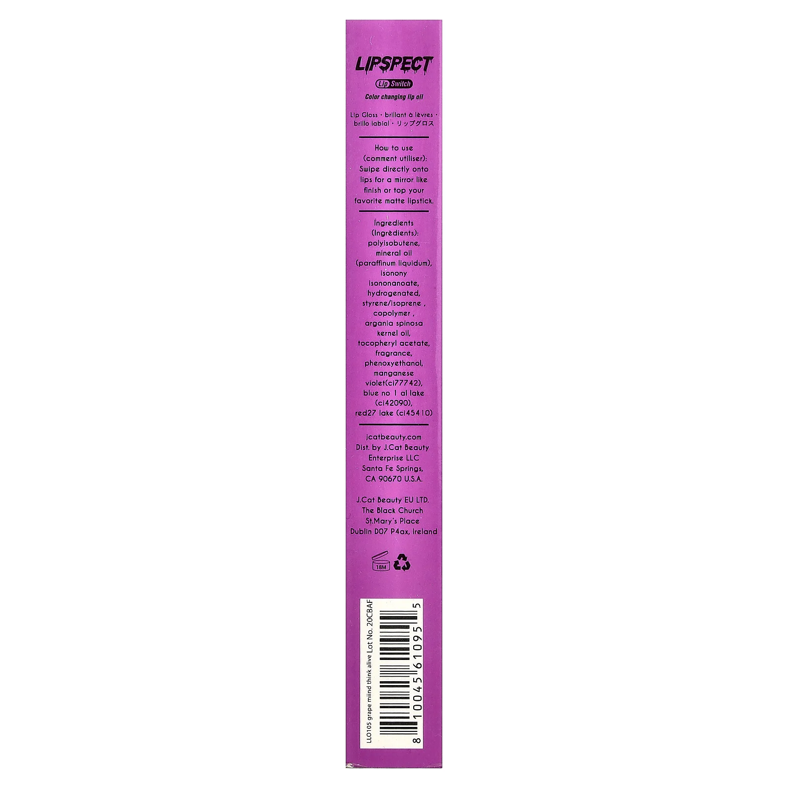 J.Cat Beauty, Lipspect, масло для губ, меняющее цвет, LLO 105 Grape Mind Think Alive, 3 мл (0,1 жидк. унции)