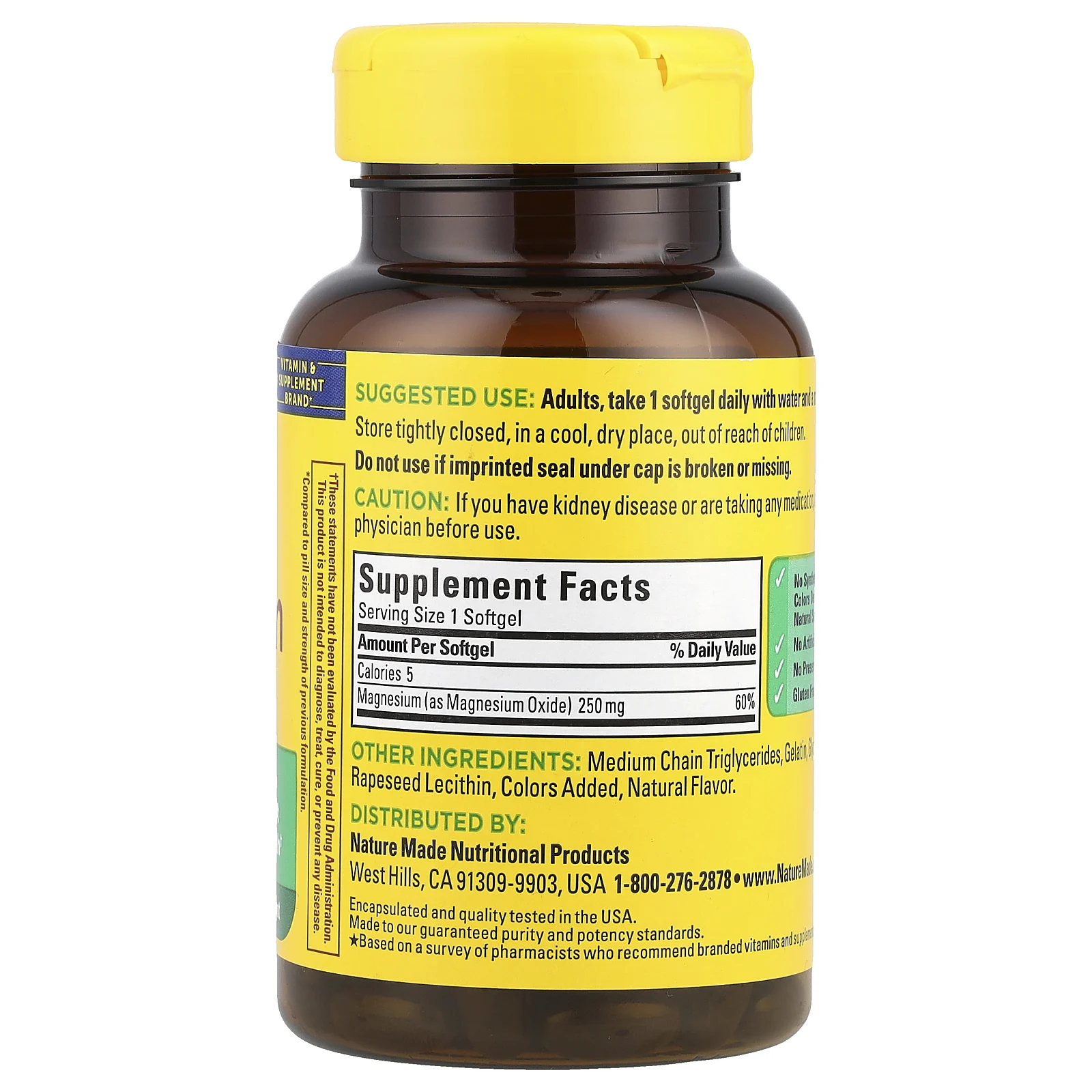 Nature Made, Магний, 250 мг, 90 мягких таблеток