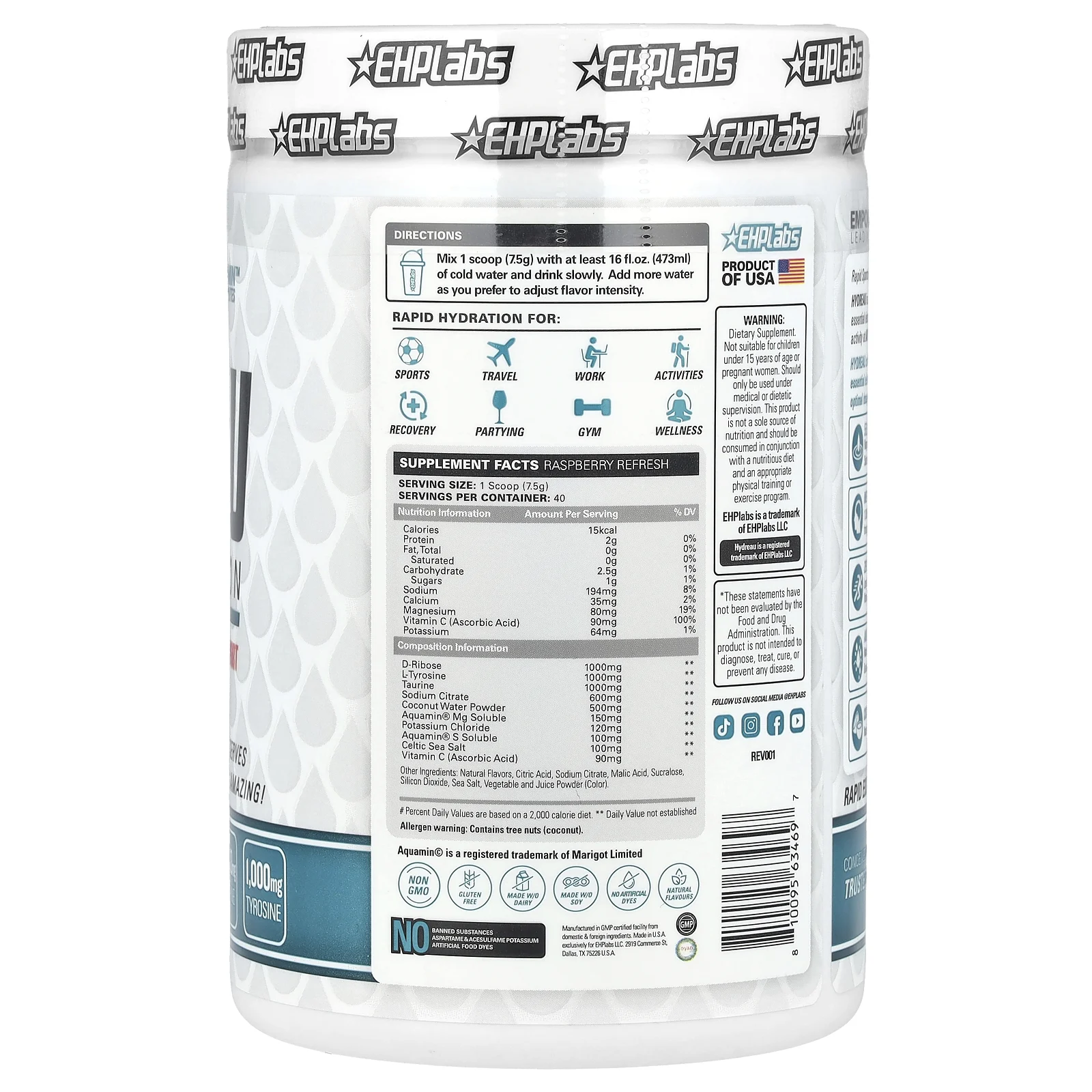 EHPlabs, Hydreau Sports Hydration, малиновое освежение, 300 г (10,58 унции)