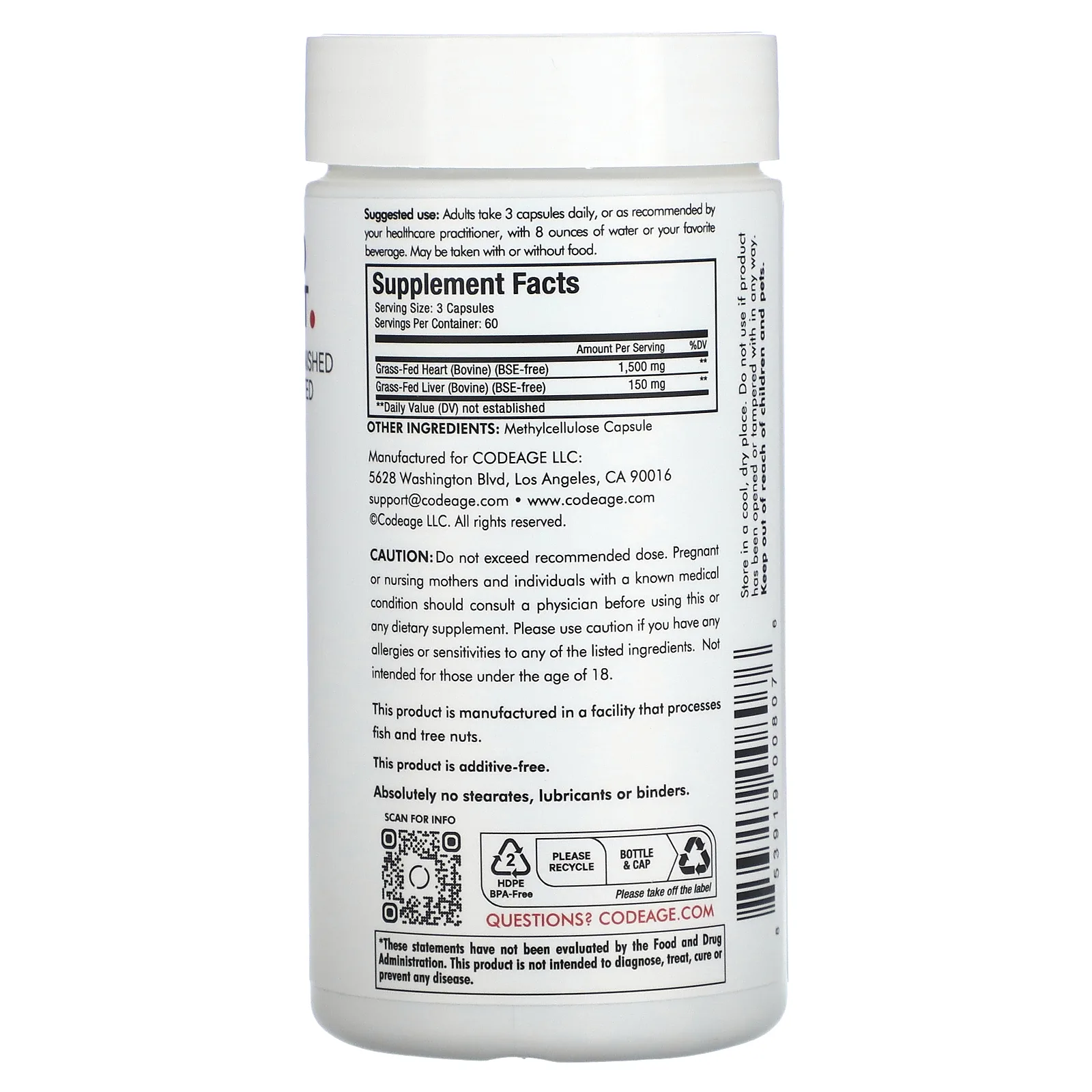 Codeage, говяжье сердце, от животных травяного откорма, выращенных на пастбище, 180 капсул