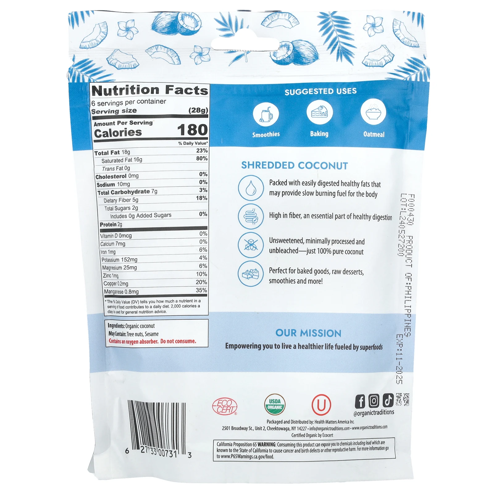 Organic Traditions, Тертый кокос, 227 г (8 унций)