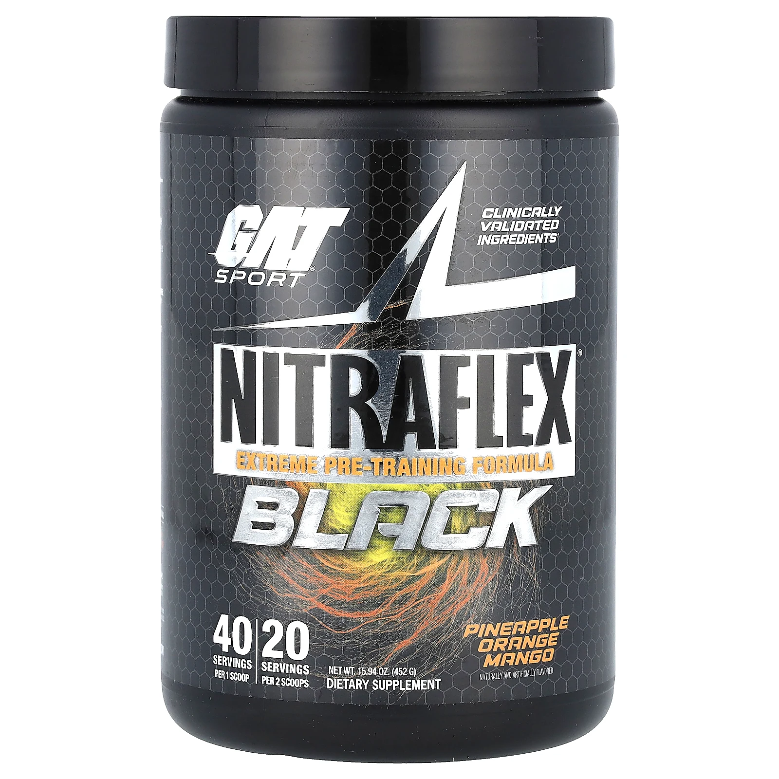 GAT, Sport, NITRAFLEX, черный, ананас, апельсин и манго, 452 г (15,94 унции)