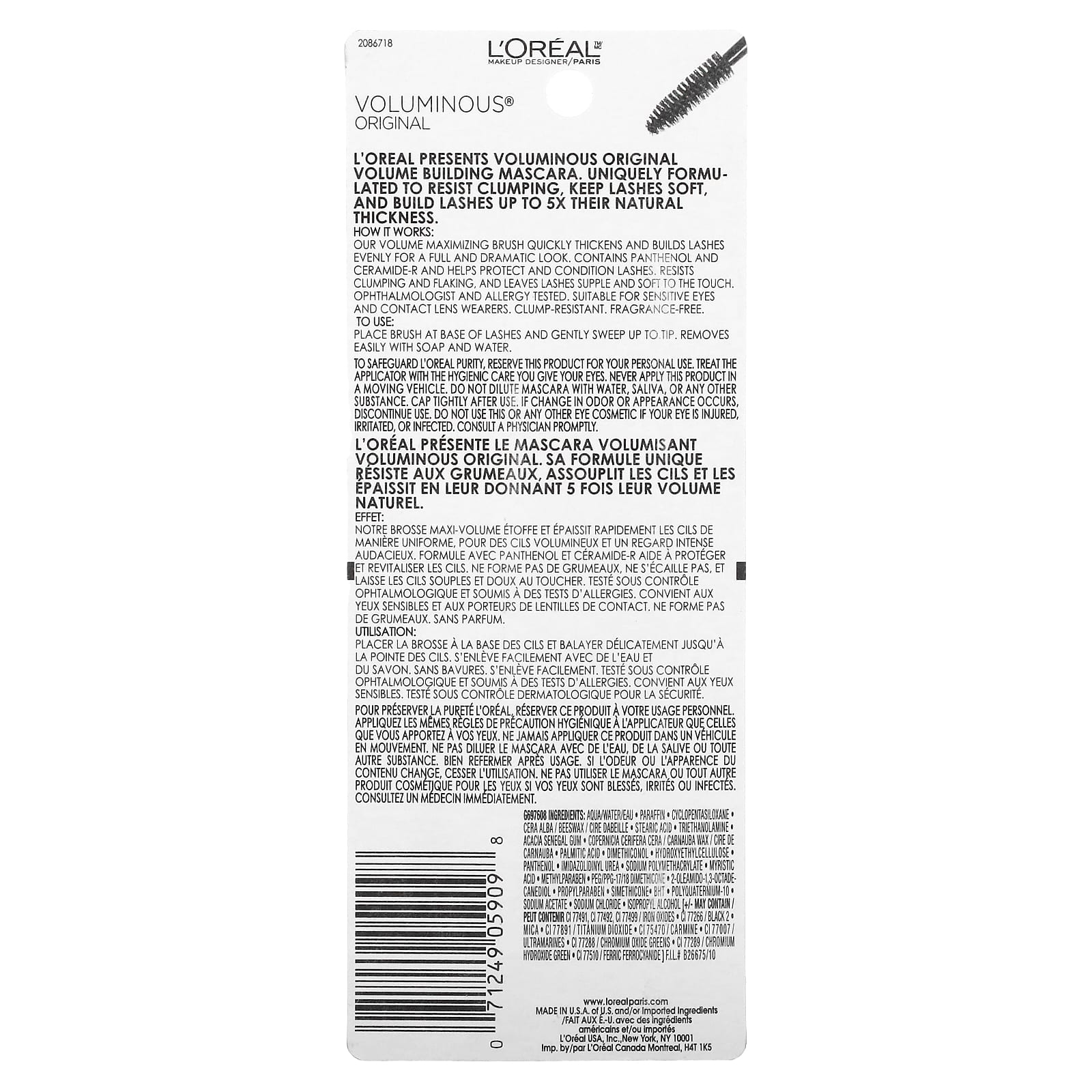 L'Oréal, Тушь для ресниц Voluminous Original, угольно-черная 310, 8 мл