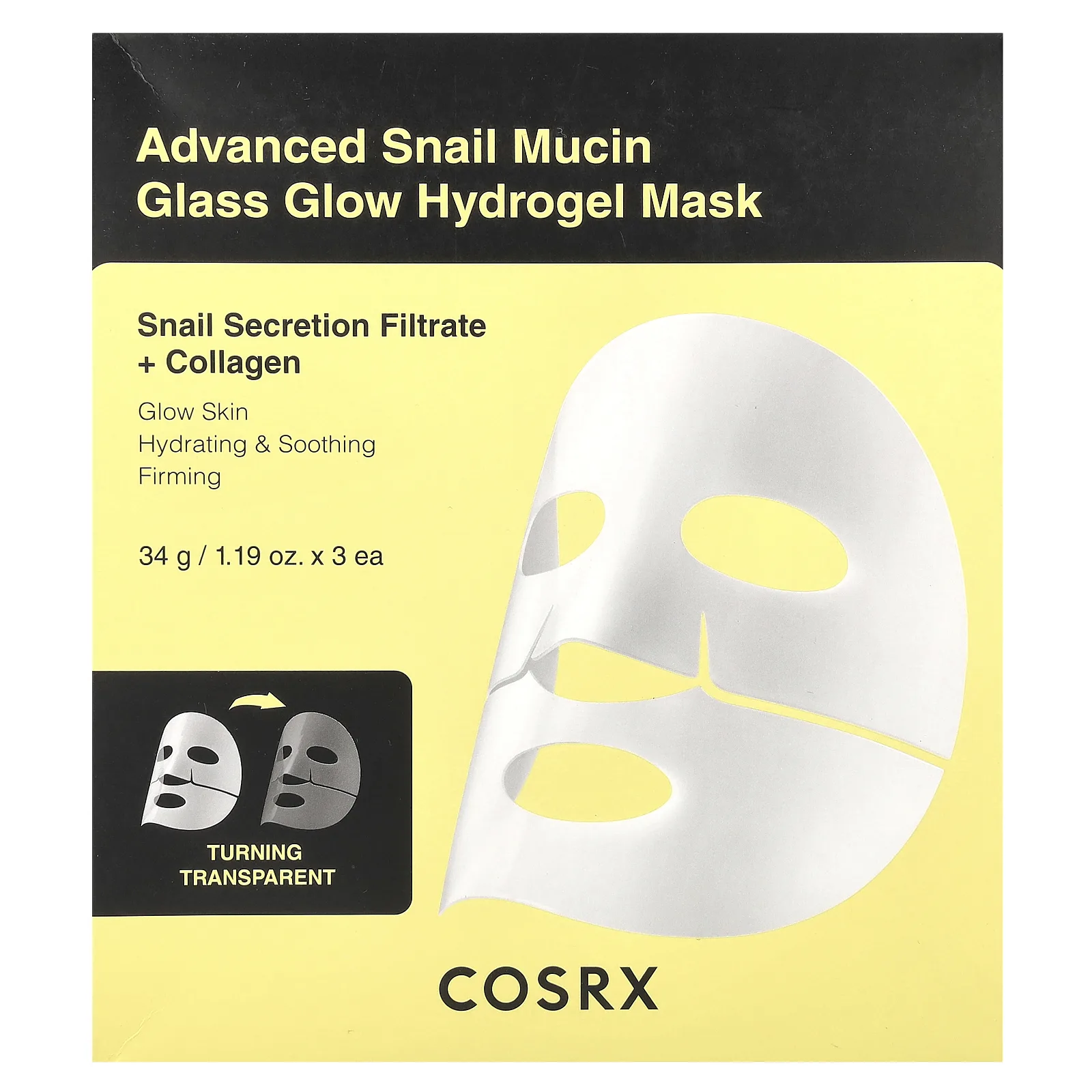 CosRx, Advanced Snail Mucin Glass Glow Hydrogel Beauty Mask, 3 шт., 34 г (1,19 унции)