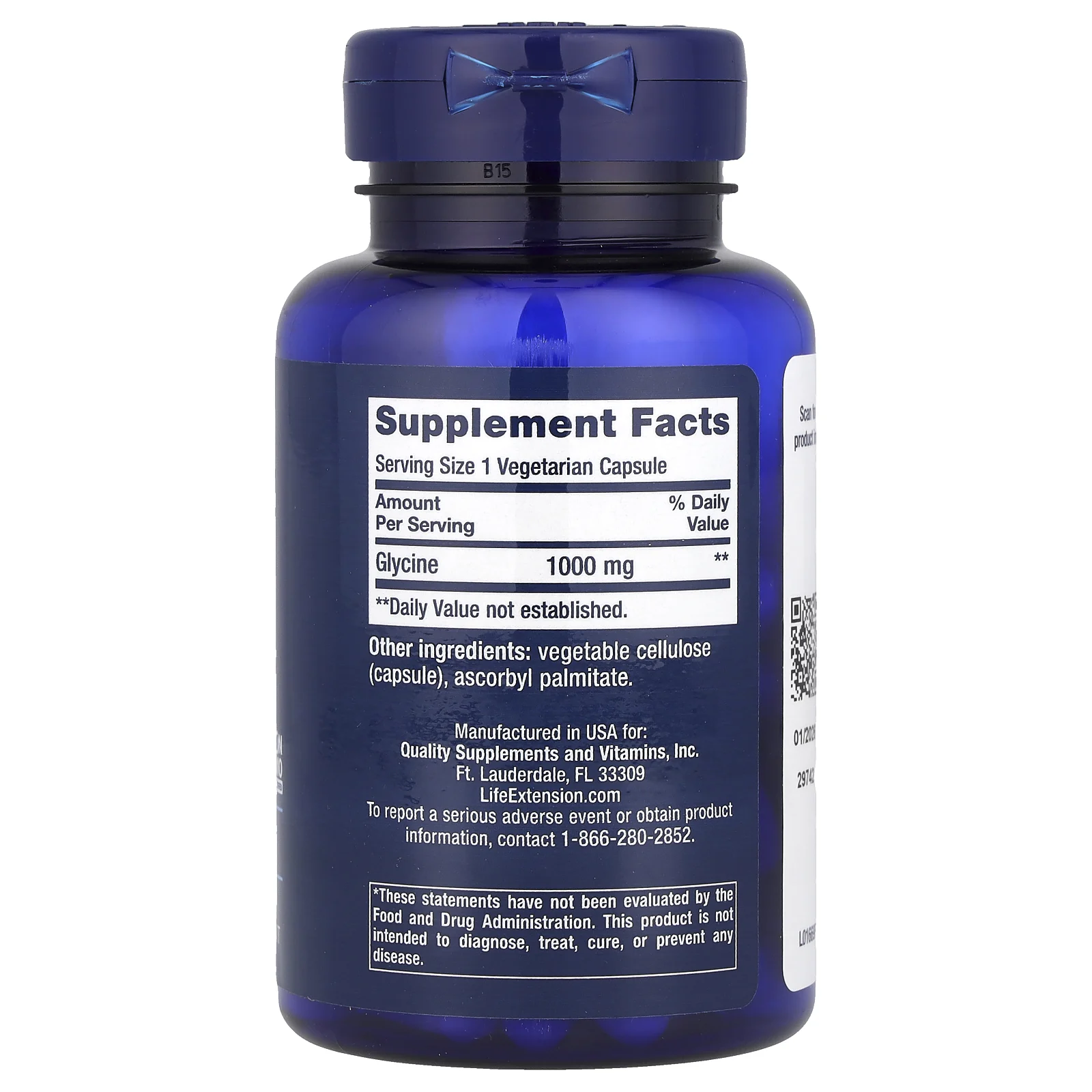 Life Extension, глицин, 1000 мг, 100 вегетарианских капсул