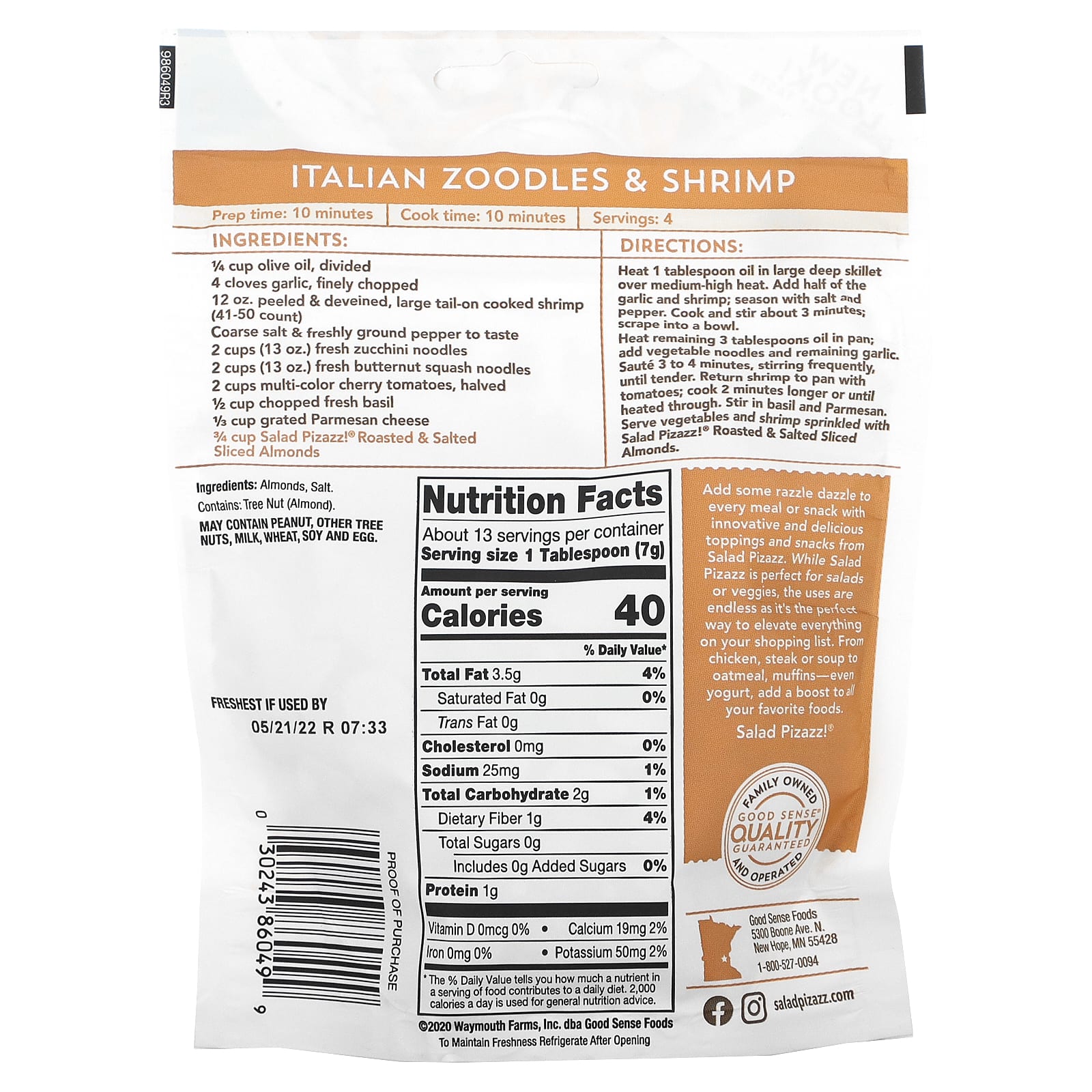 Salad Pizazz!, миндальная посыпка, обжаренные и присоленные миндальные слайсы, 92 г (3,25 унции)