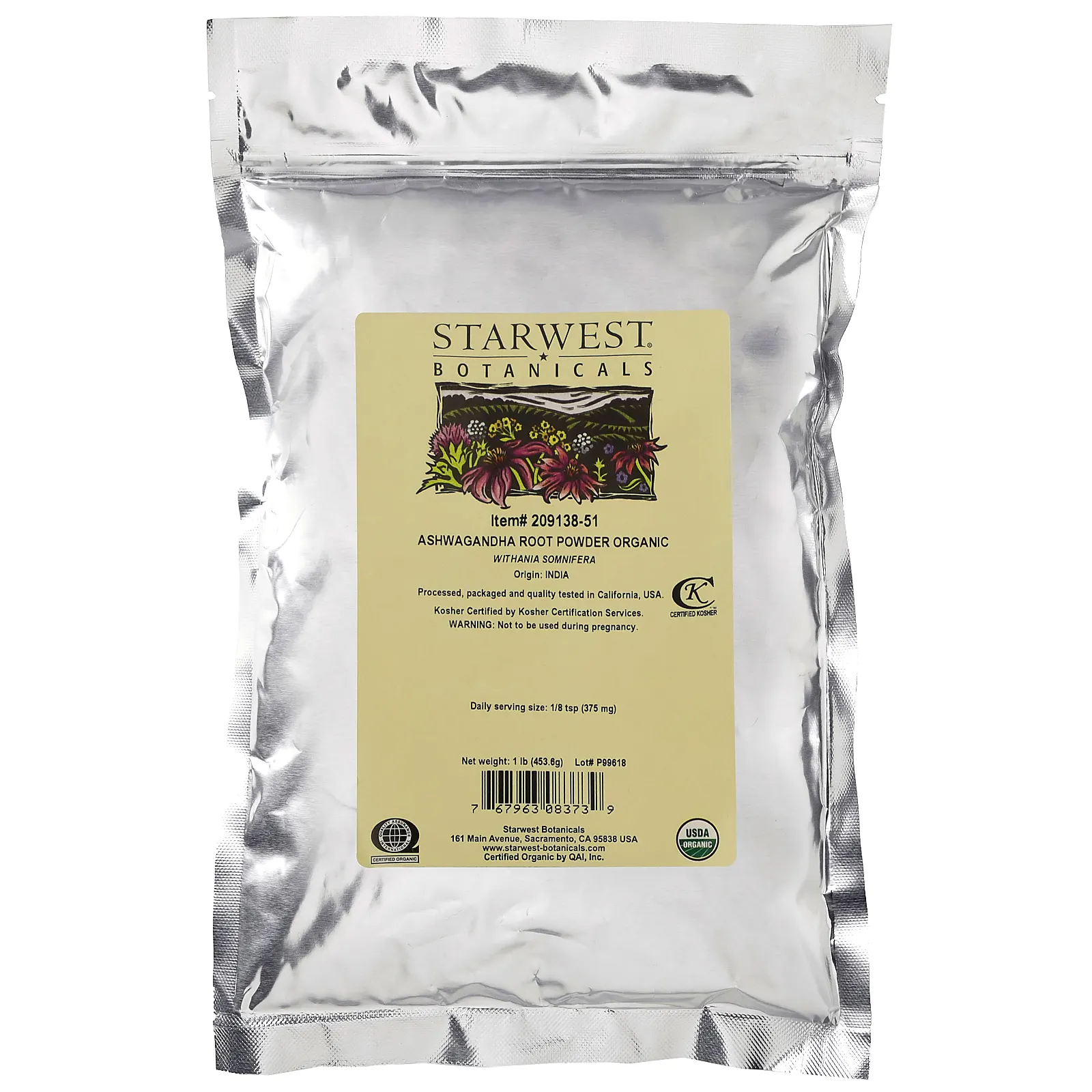 Starwest Botanicals, ПОрошок из корня органической ашвагандхи, 453,6 г (1 фунт)
