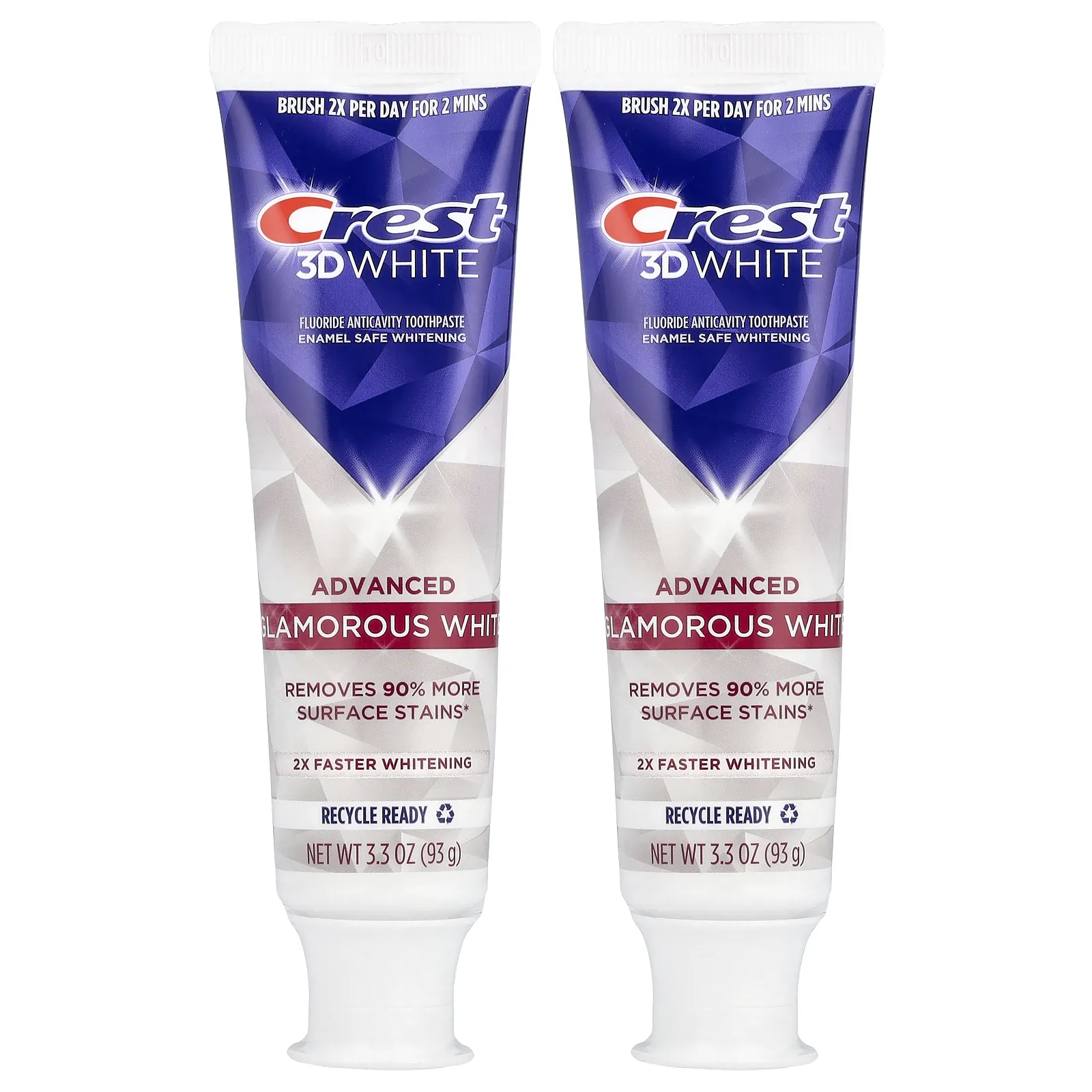 Crest, 3D White, фторсодержащая зубная паста от кариеса, улучшенная, с эффектом гламурного белого цвета, 2 тюбика по 93 г (3,3 унции)