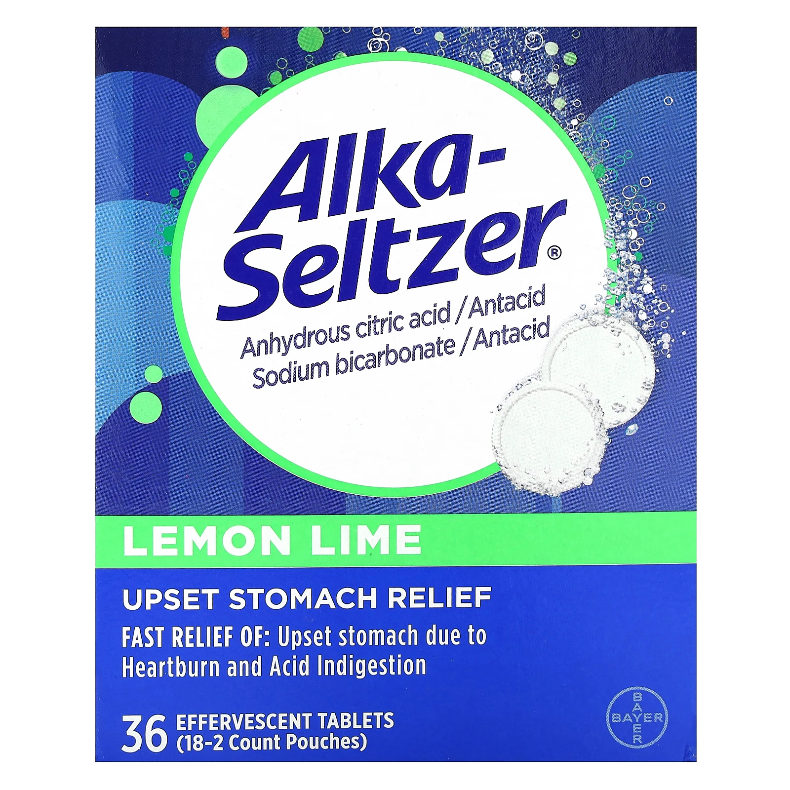 Alka-Seltzer, средство для расстройства желудка, лимон и лайм, 36 шипучих таблеток