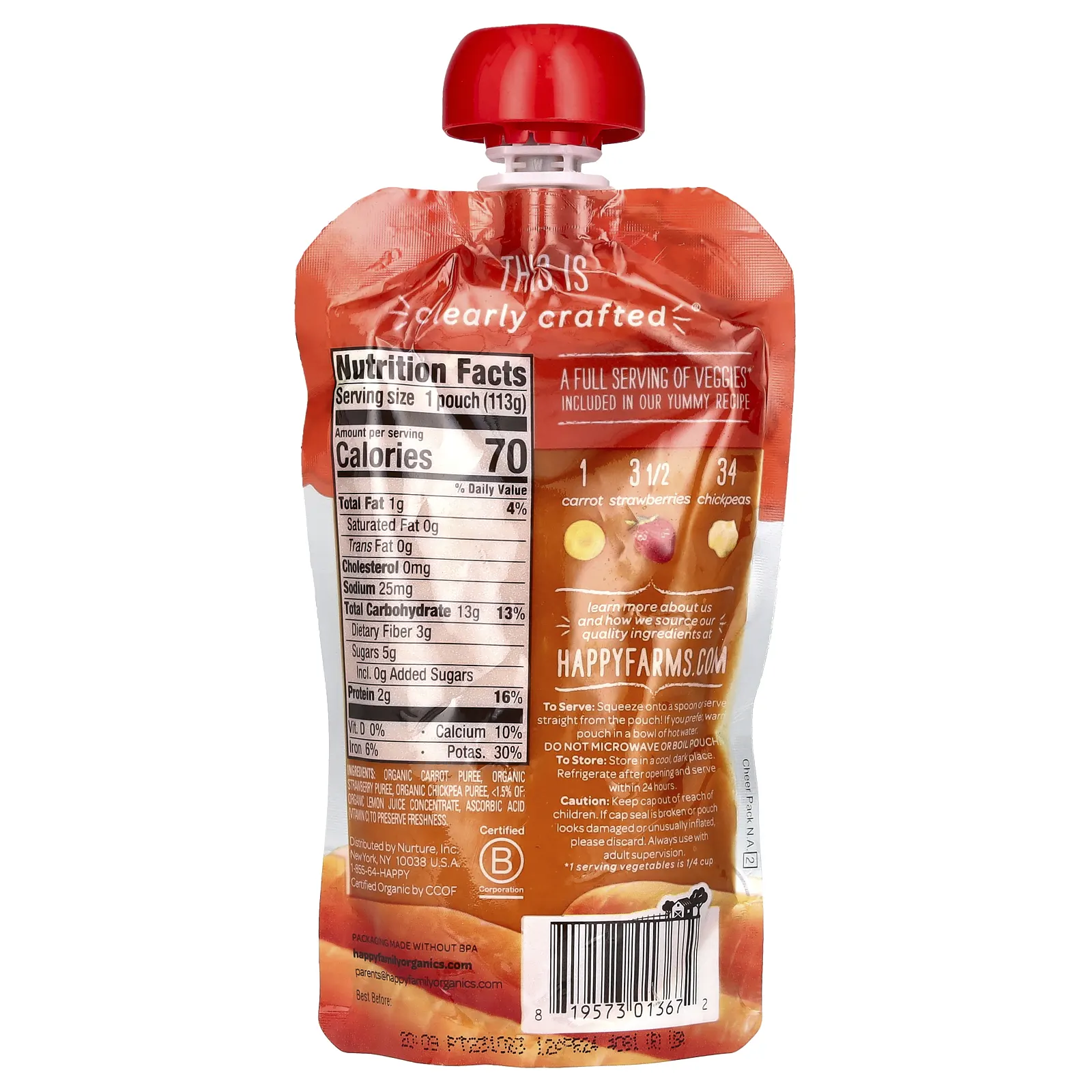 Happy Family Organics, Happy Baby, Органическое детское питание, этап 2, морковь, клубника и нут, 4 унции (113 г)