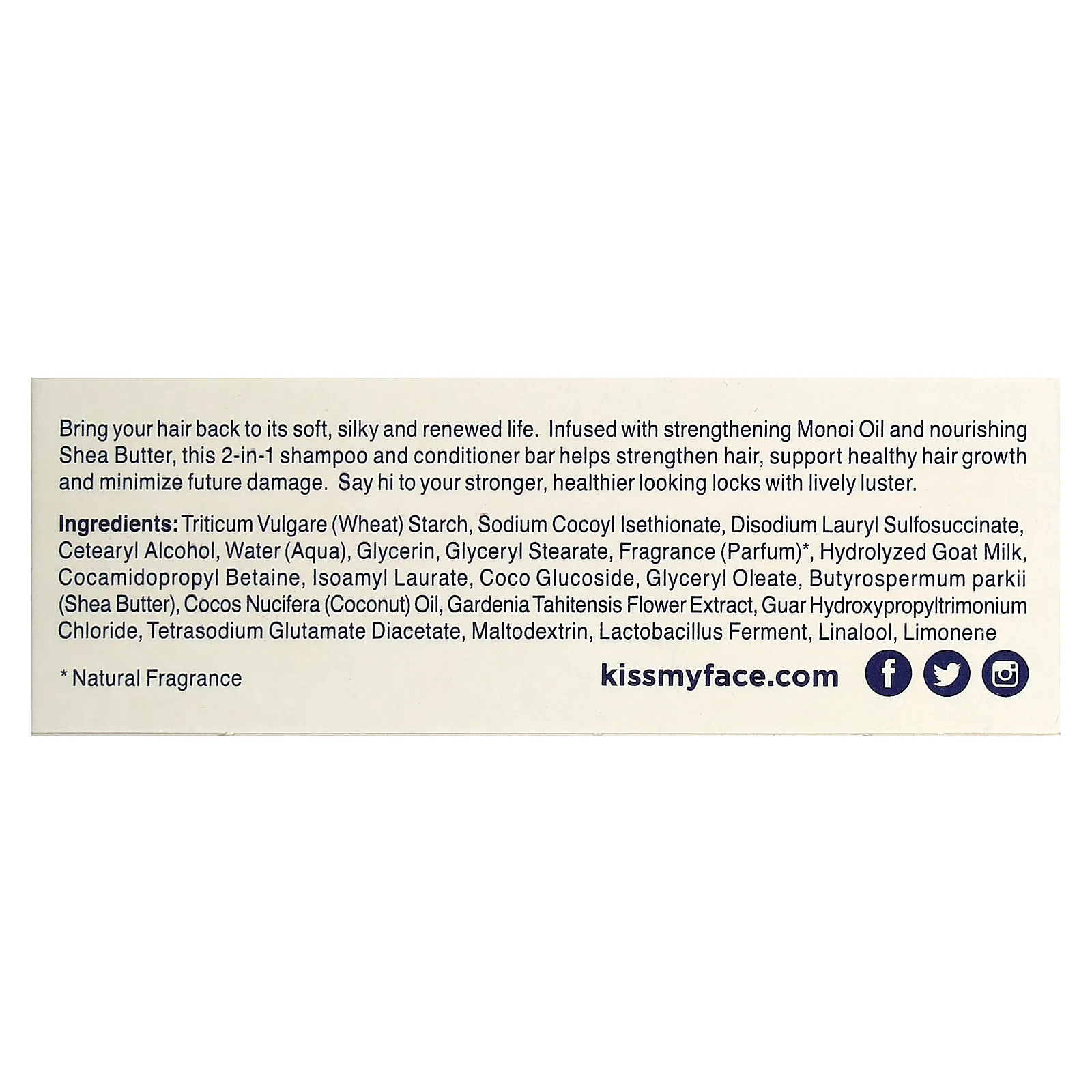 Kiss My Face, укрепляющий шампунь и кондиционер для волос 2 в 1, для сухих и поврежденных волос, масло монои и масло ши, 1 мыло, 113 г (4 унции)
