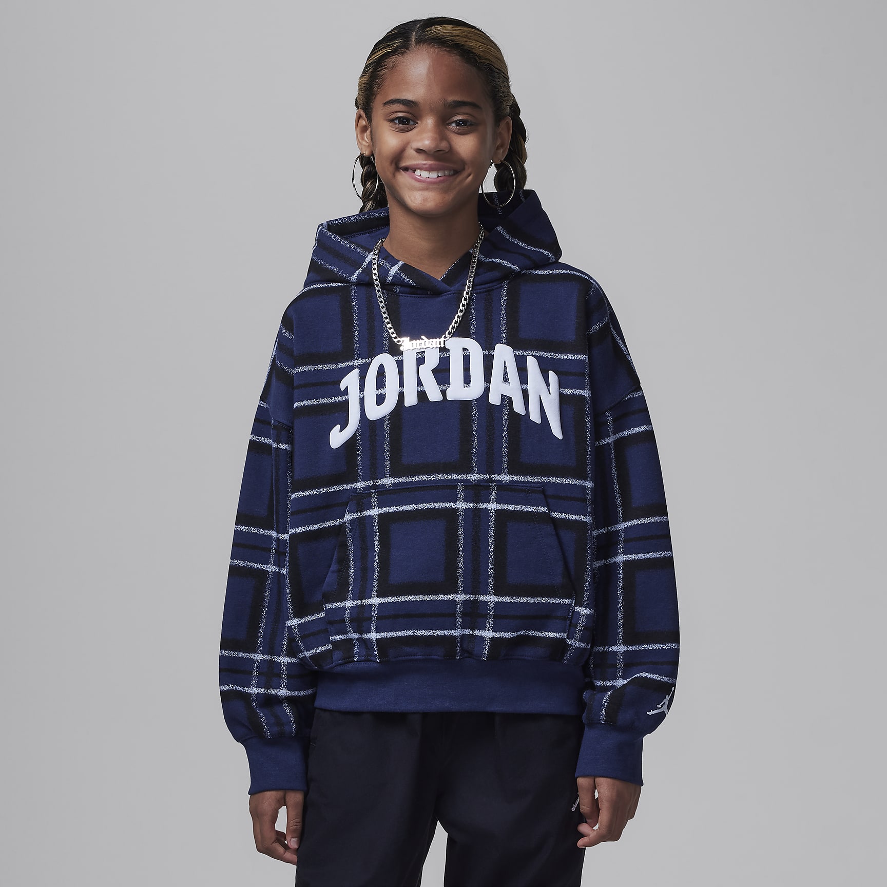 Jordan Brooklyn Essentials Big Kids' Plaid Print Pullover Hoodie