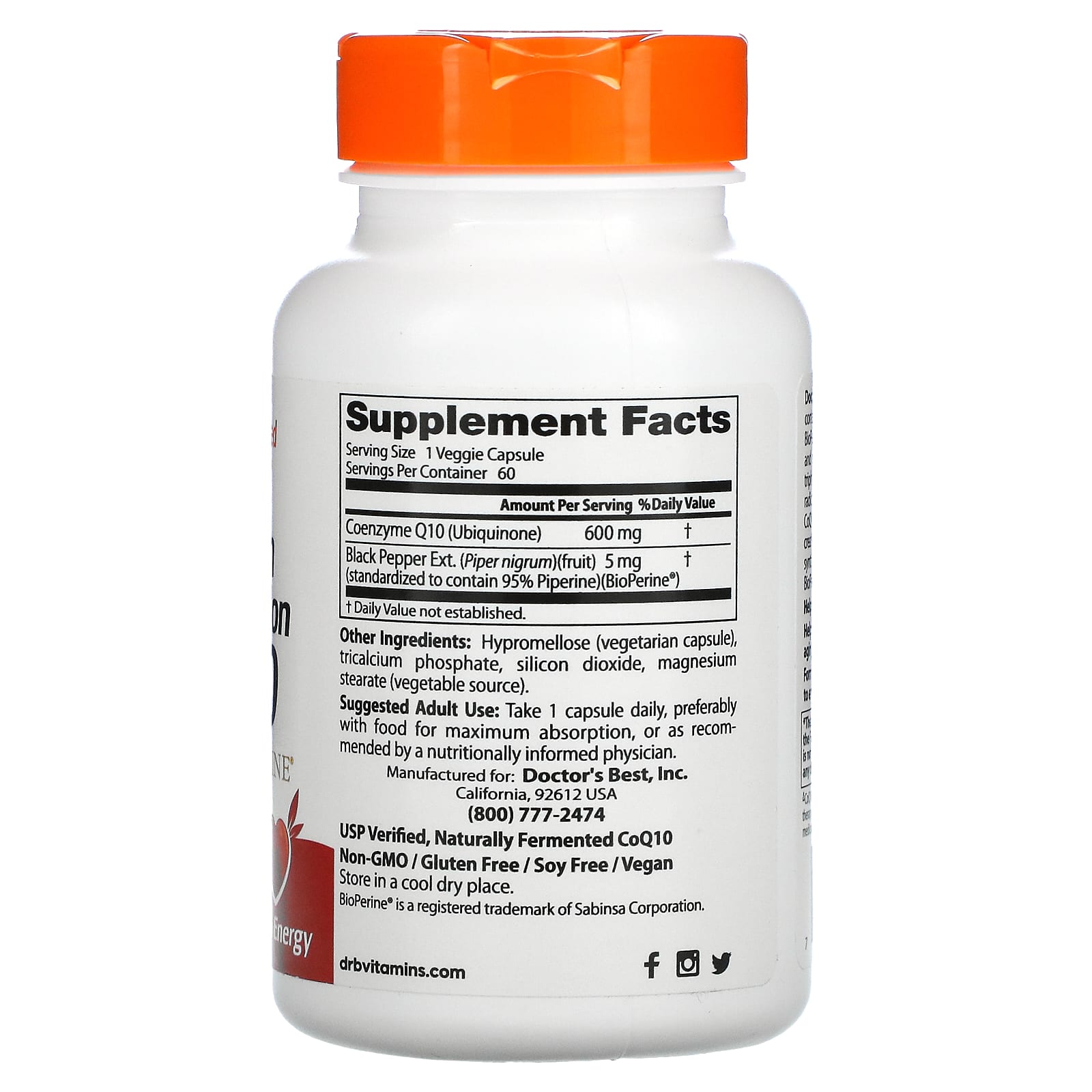 Doctor's Best, коэнзим Q10 с высокой усвояемостью и комплексом BioPerine, 600 мг, 60 вегетарианских капсул