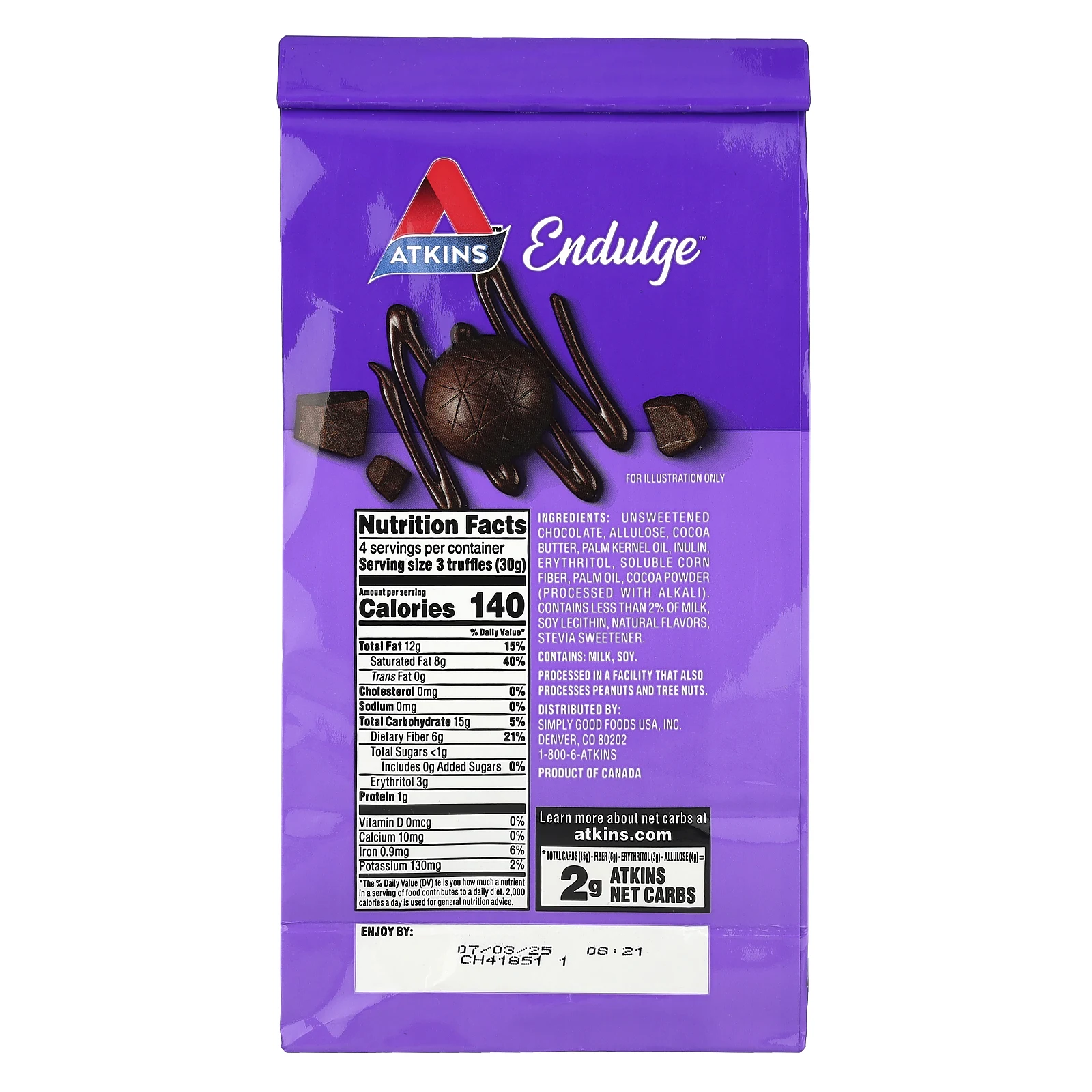 Atkins, Endulge ™, трюфели, темный шоколад, 12 шт., 10 г (0,35 унции)