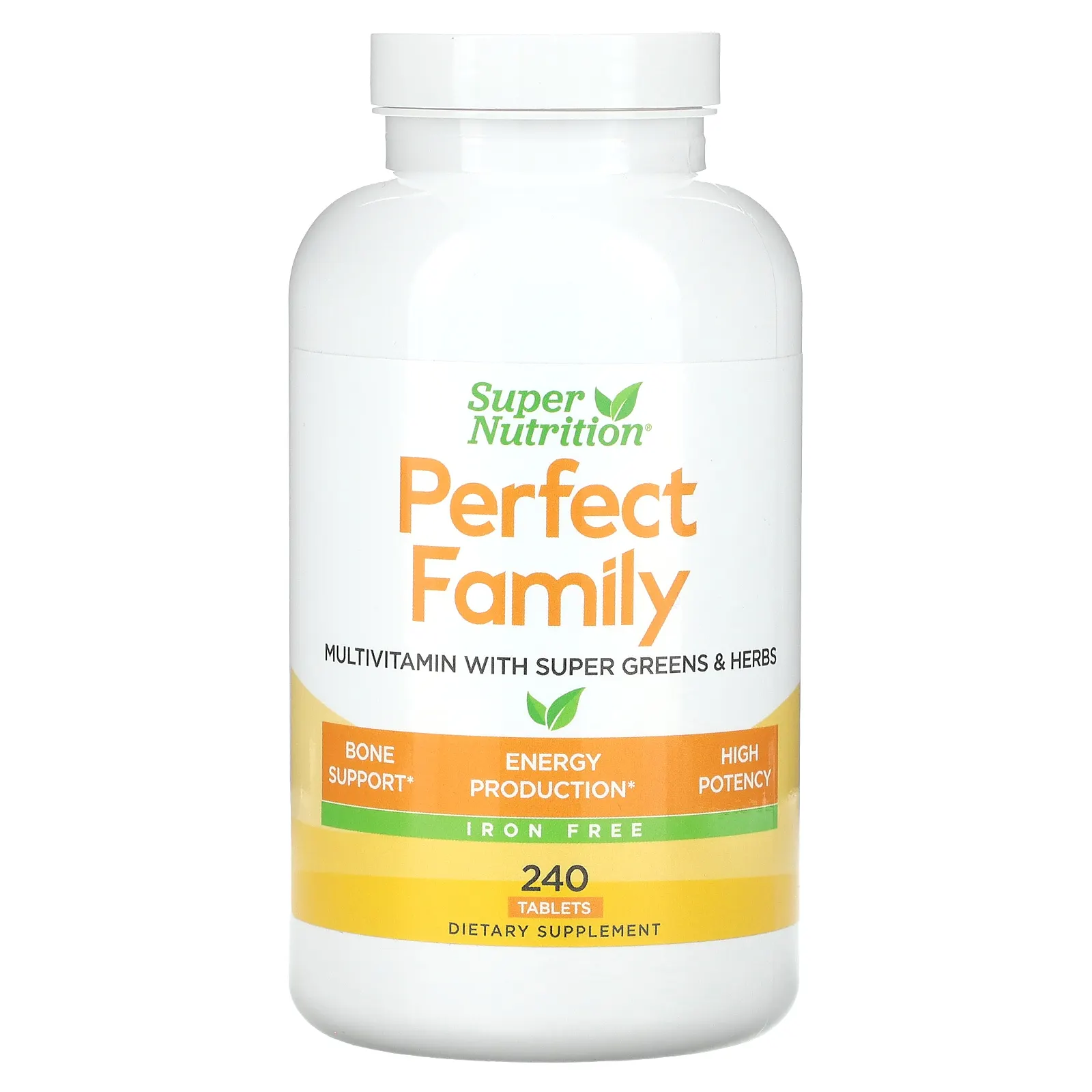 Super Nutrition, Perfect Family, мультивитамины с суперзеленью и травами, без железа, 240 таблеток
