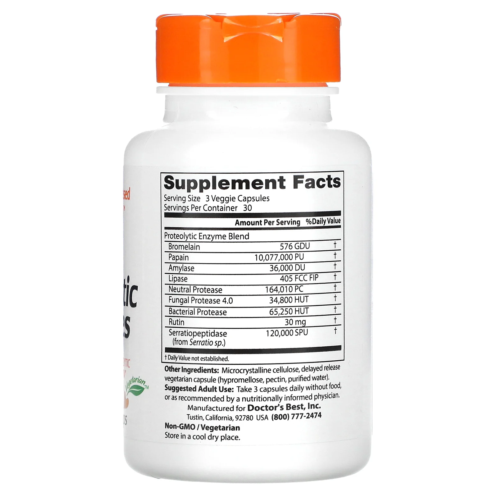 Doctor's Best, протеолитические ферменты, 90 вегетарианских капсул с отсроченным высвобождением