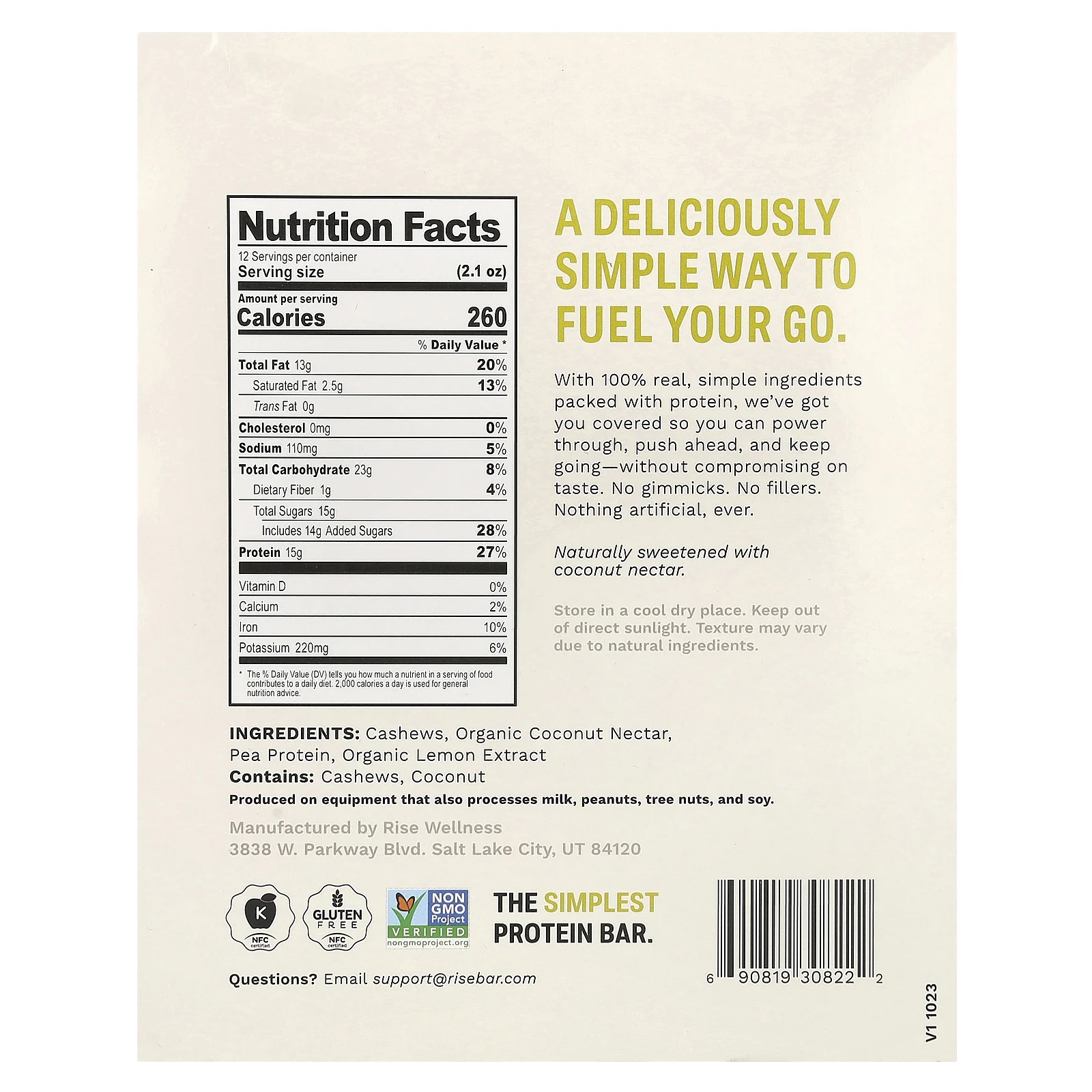 Rise Bar, Protein Bar, лимонный кешью, 12 батончиков, 60 г (2,1 унции)