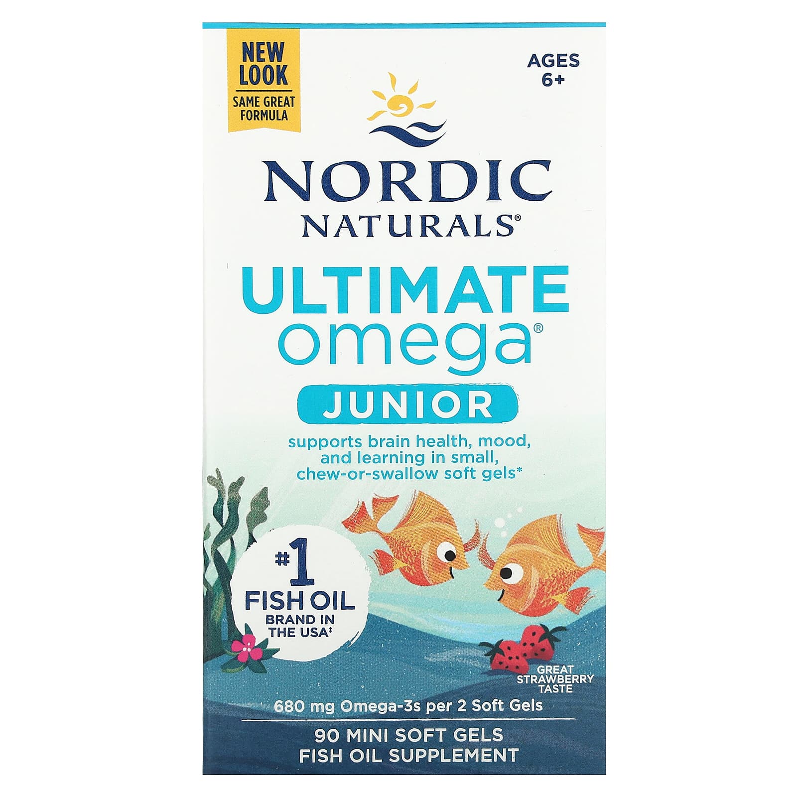 Nordic Naturals, Ultimate Omega Junior, омега для детей от 6 лет, со вкусом клубники, 680 мг, 90 мини-капсул (340 мг в 1 капсуле)