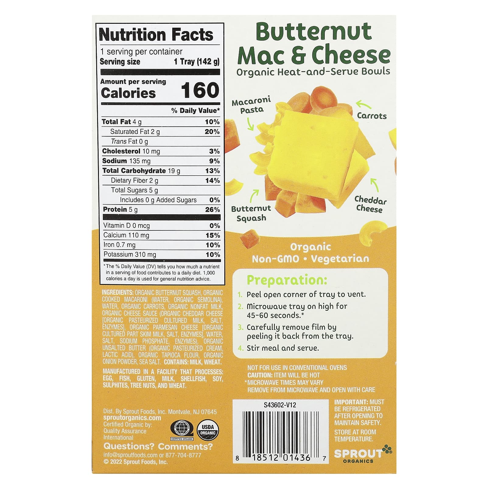 Sprout Organics, Toddler Meals, для детей от 12 месяцев, мускатные макароны с сыром, 142 г (5 унций)