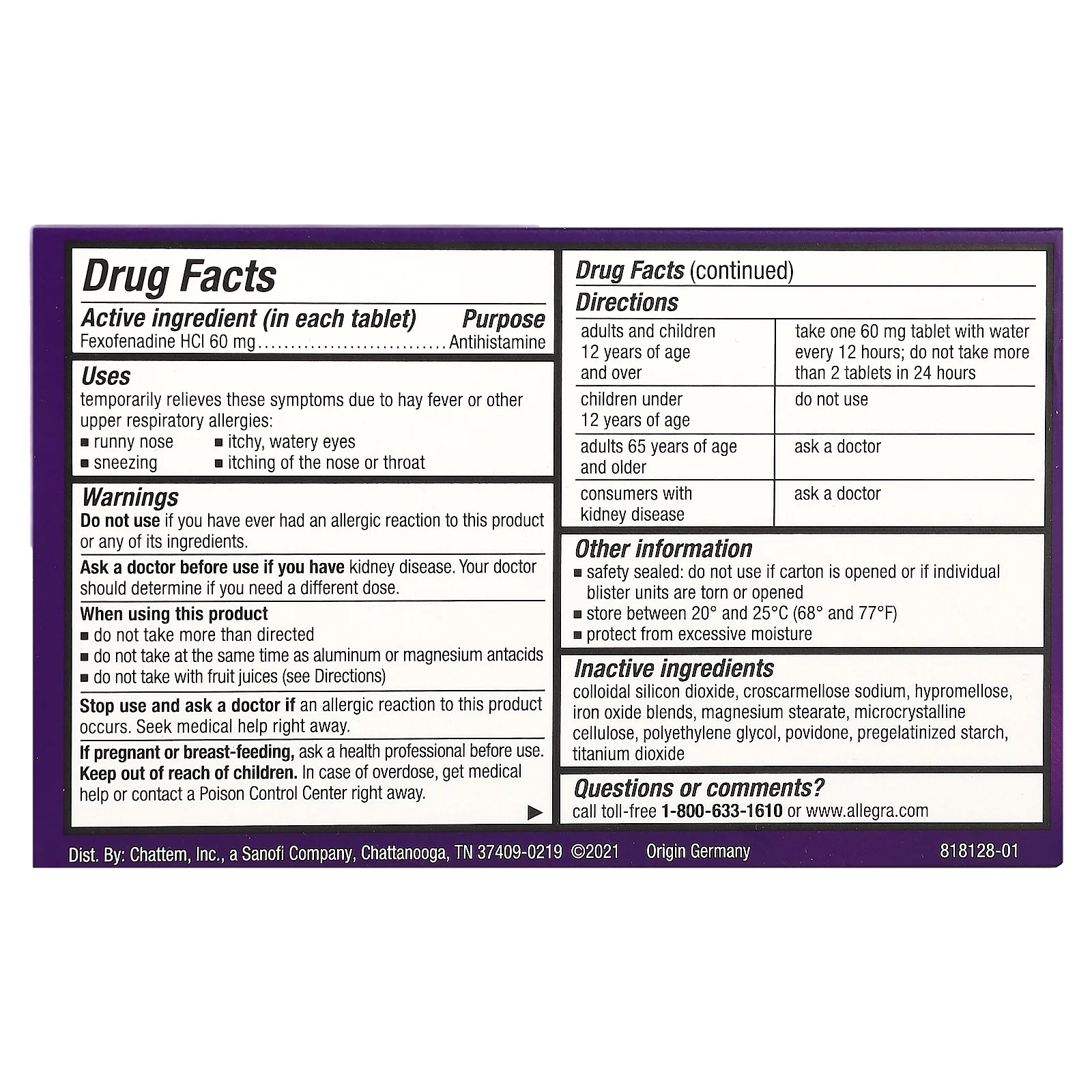 Allegra, Allergy, 12 HR, не вызывающий сонливости, 24 таблетки