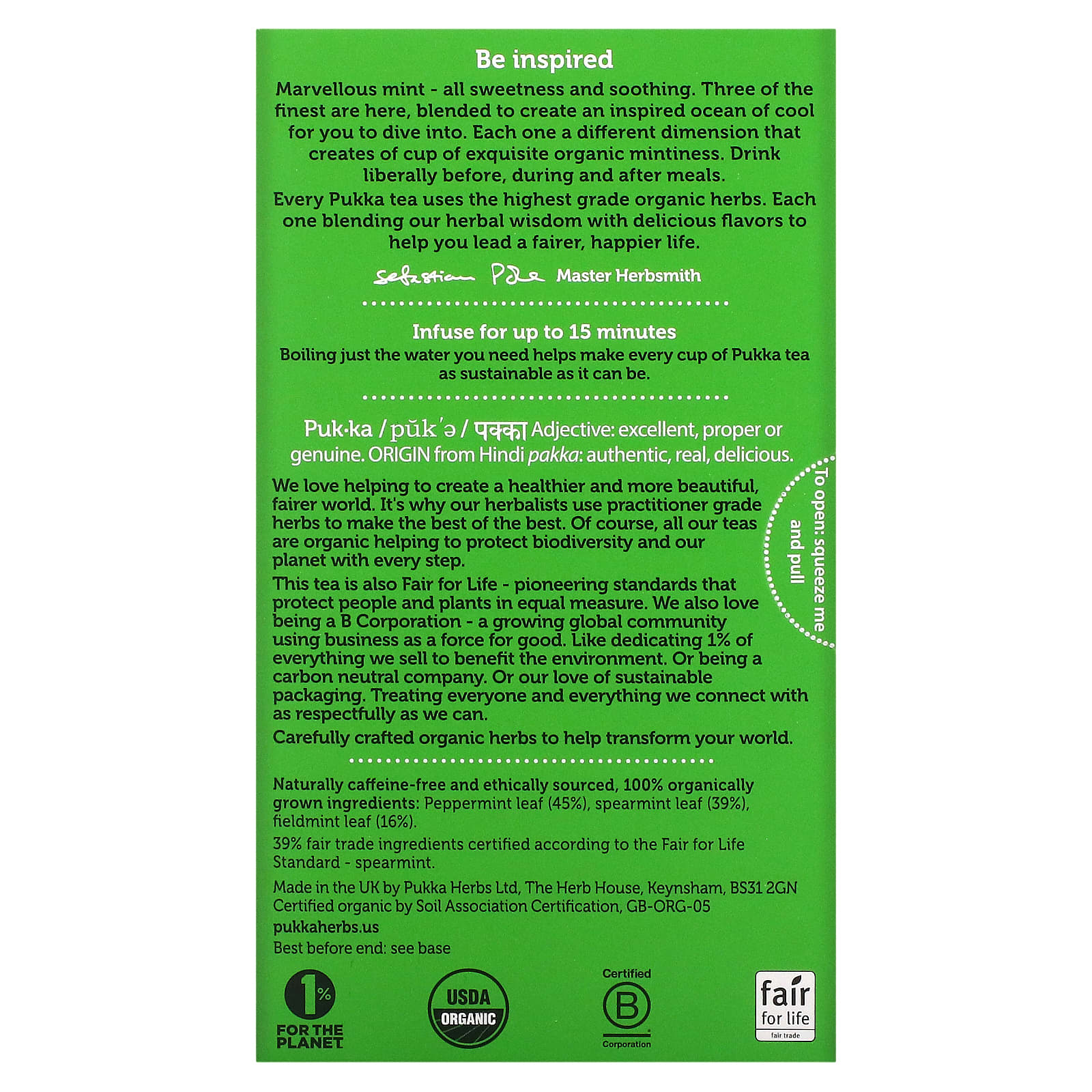 Pukka Herbs, Органический травяной чай, три мяты, без кофеина, 20 пакетиков, 32 г (1,12 унции)