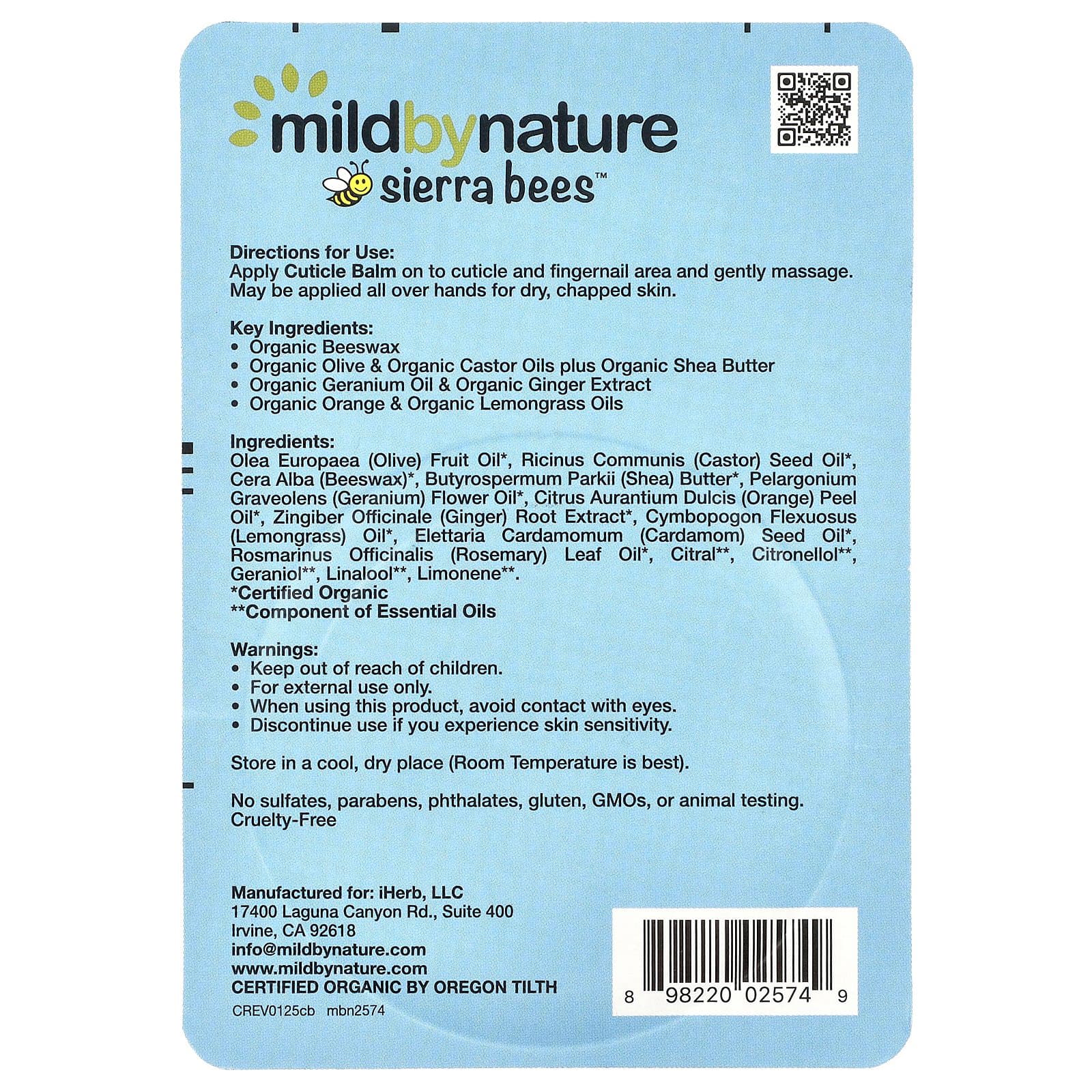 Mild By Nature, Sierra Bees™, бальзам для кутикулы, герань, апельсин и лемонграсс, 17 г (0,6 унции)