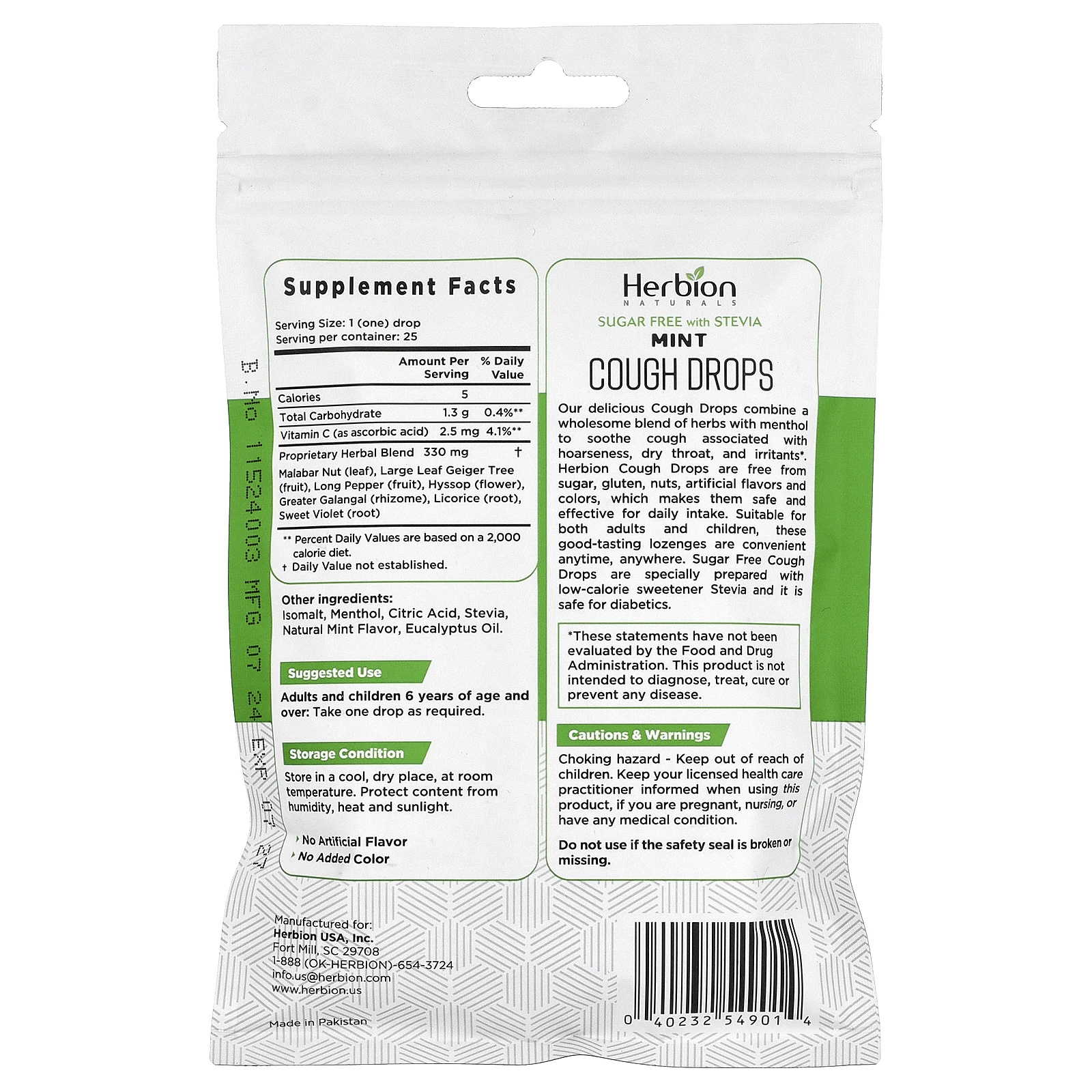 Herbion Naturals, Леденцы от кашля, без сахара, с мятой, 25 капель в индивидуальной упаковке